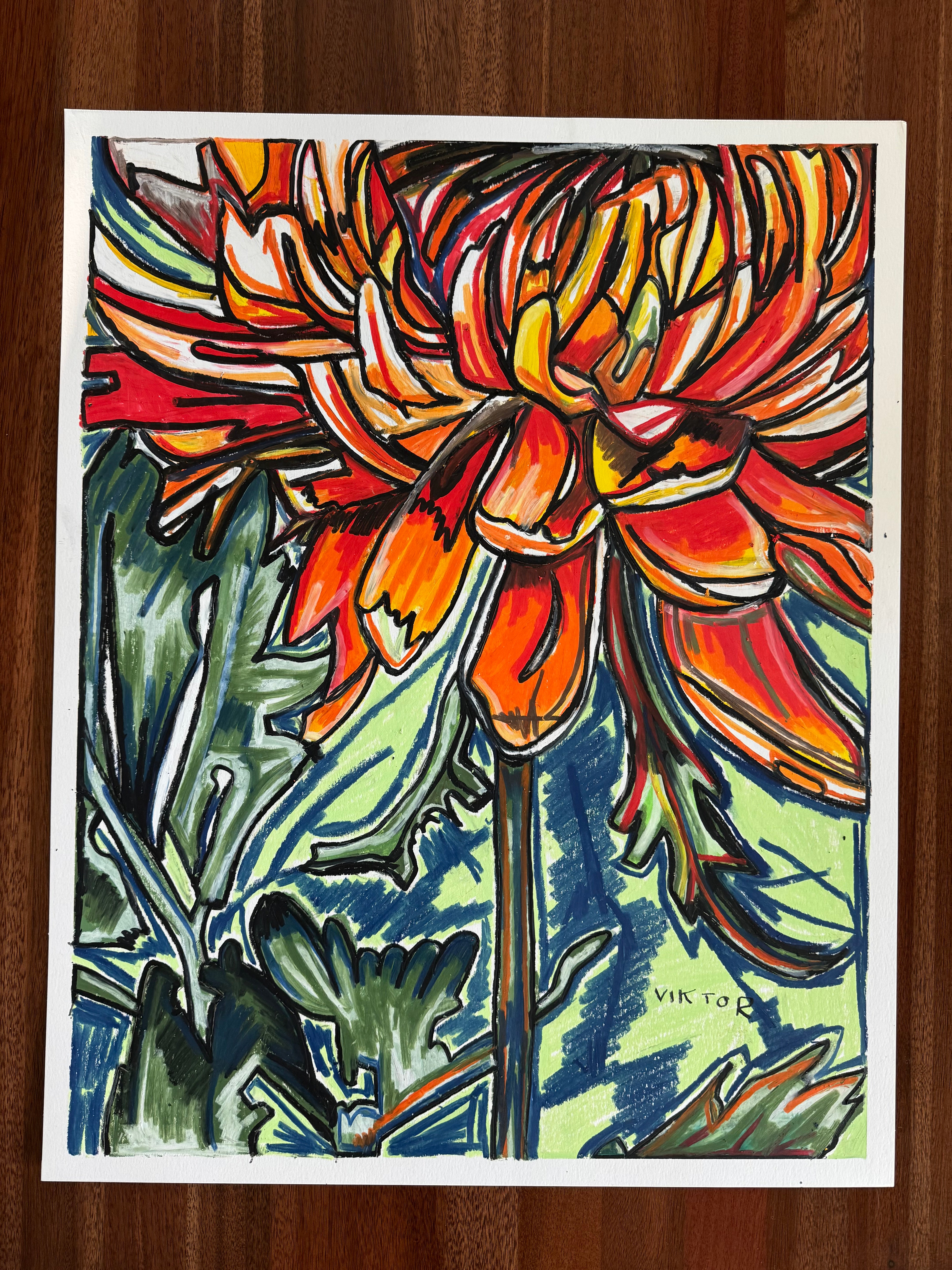 Orange Dahlia - ORIGINAL OIL PASTEL ARTWORK - 19x24