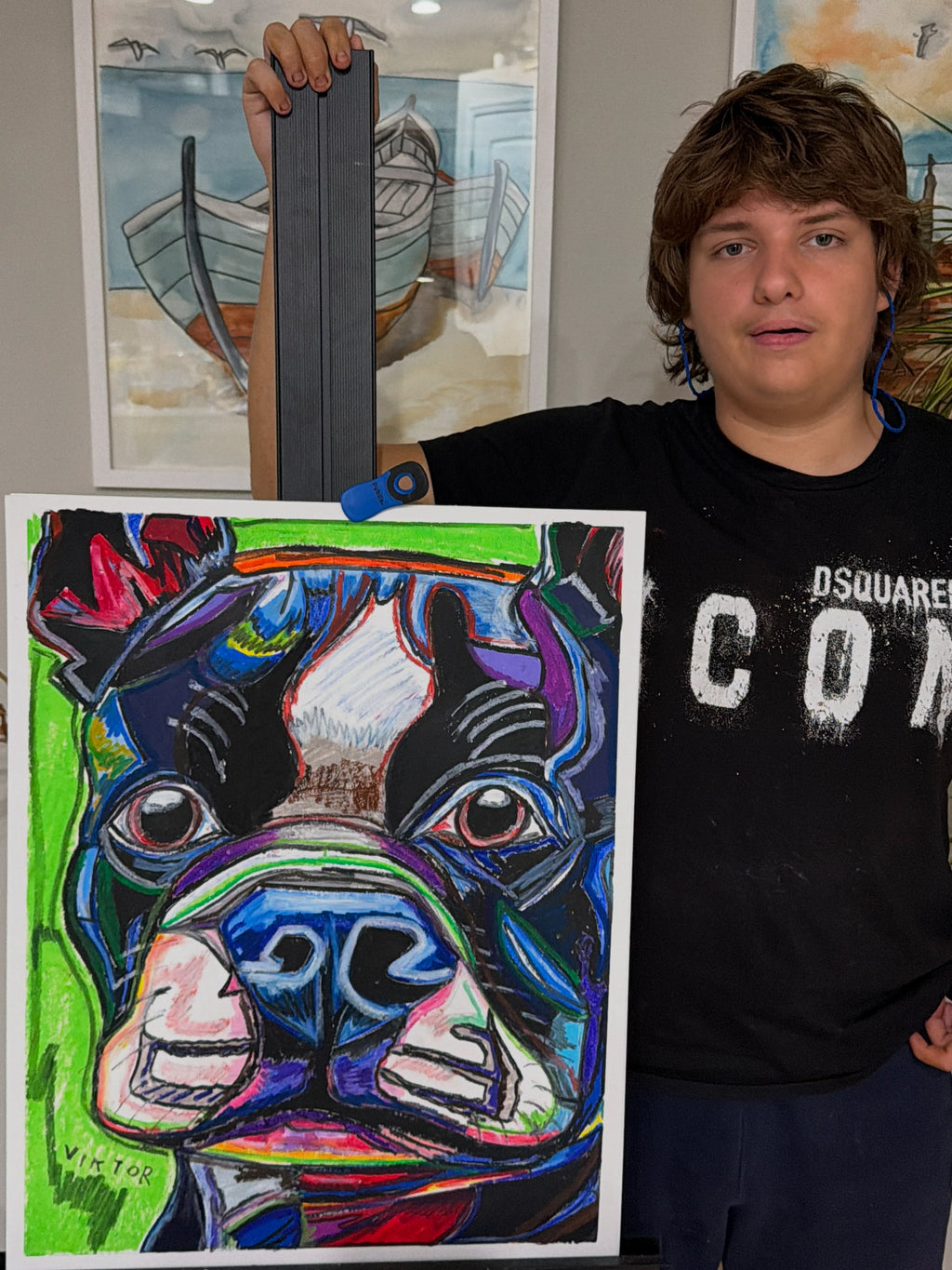 The Blue Frenchie - ORIGINAL OIL PASTEL ARTWORK - 19x24" (video attached)