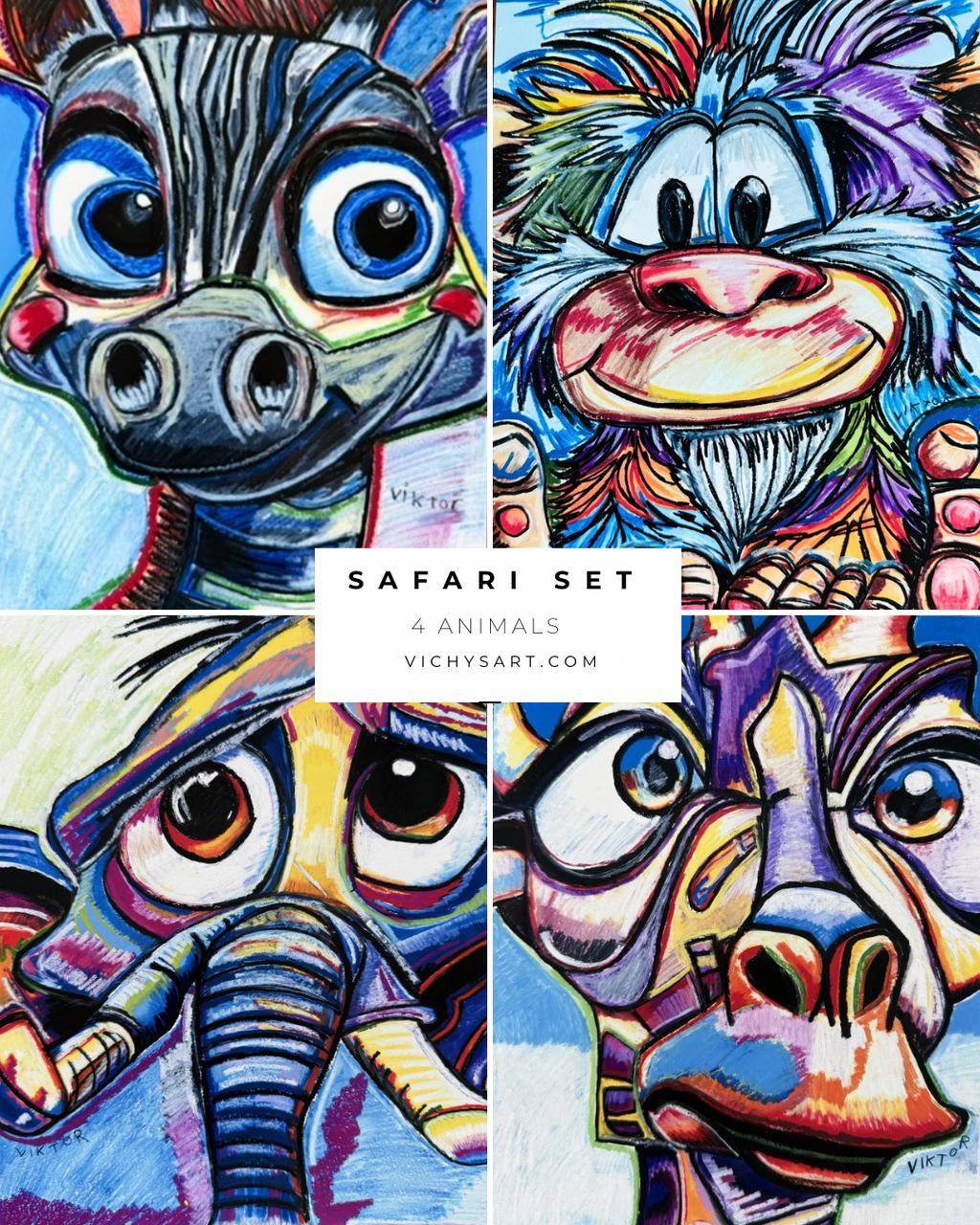 Safari - Set of 4 animals in a paper prints