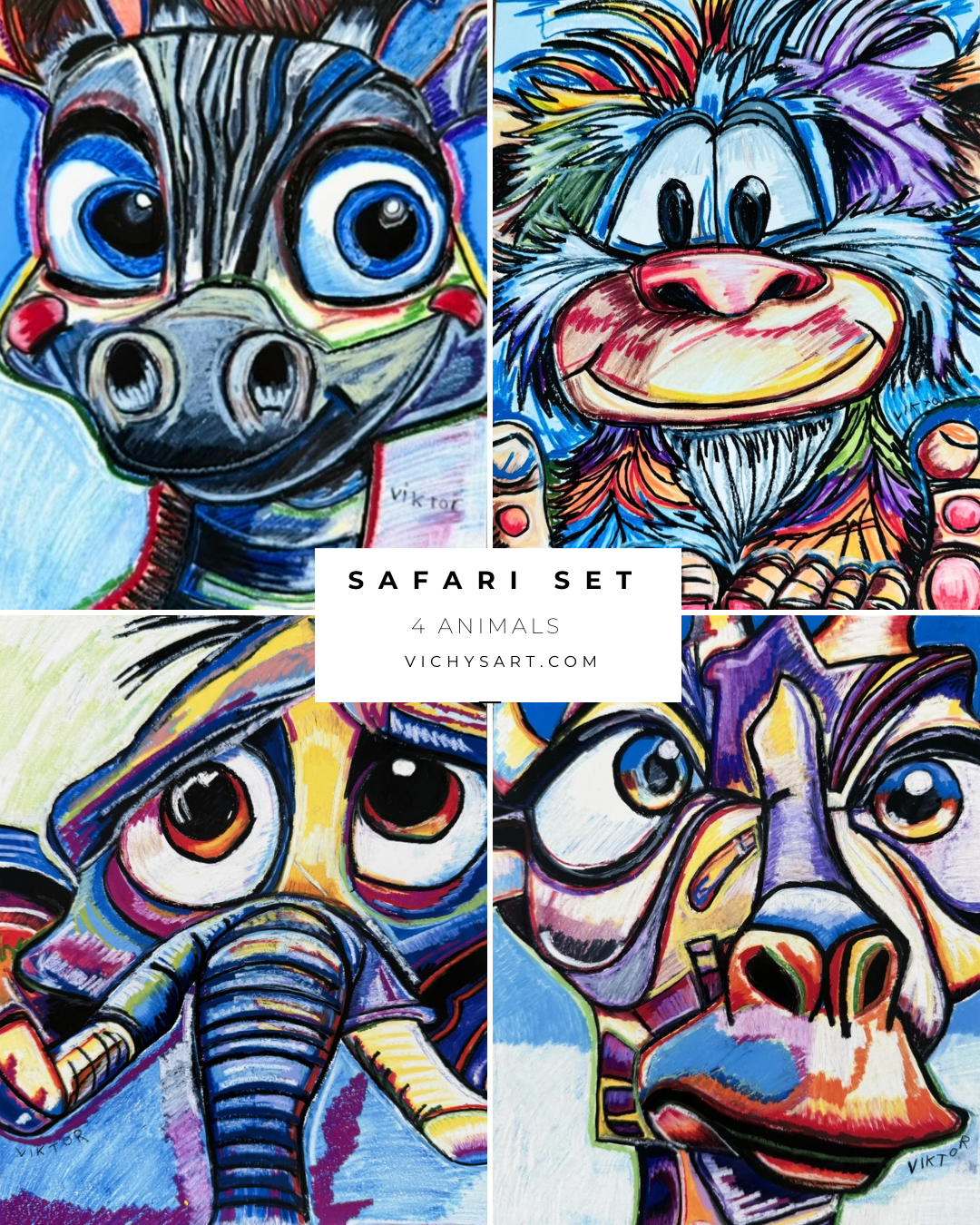 Safari - Set of 4 animals in a paper prints