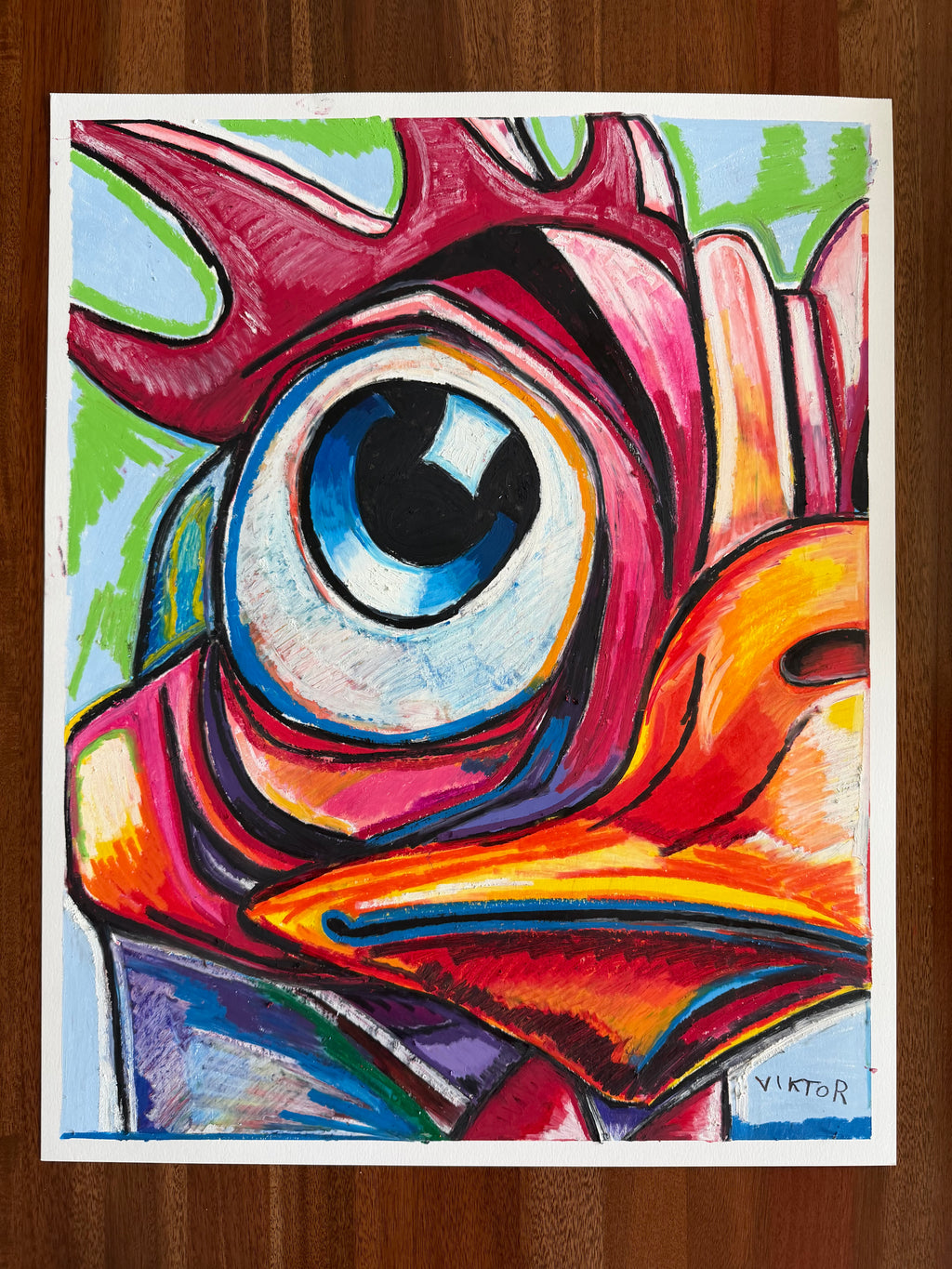 The Rooster's Gaze - ORIGINAL OIL PASTEL ARTWORK - 19x24" (see the video)