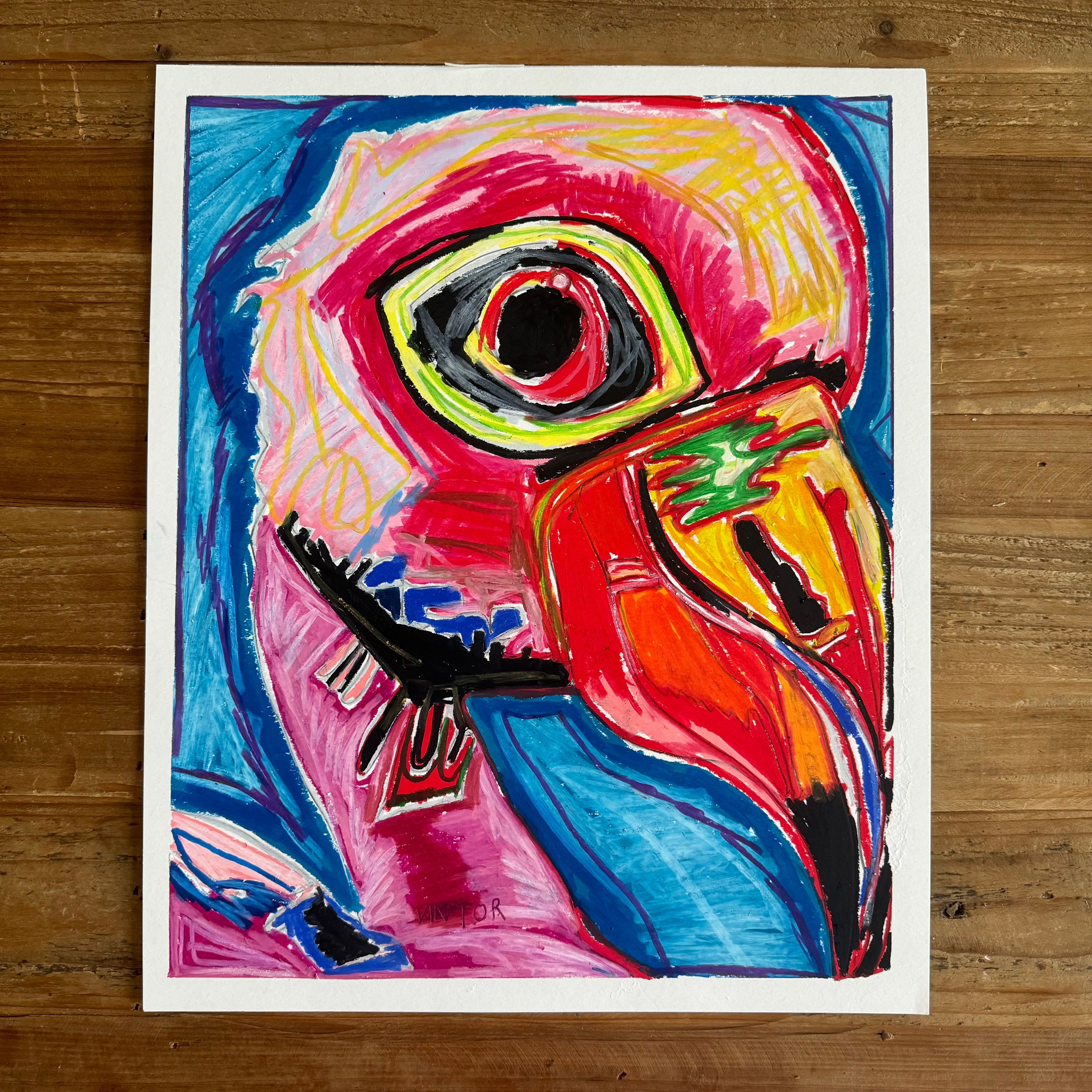 Calista the Pink Flamingo - ORIGINAL  14x17” - Vichy's Art