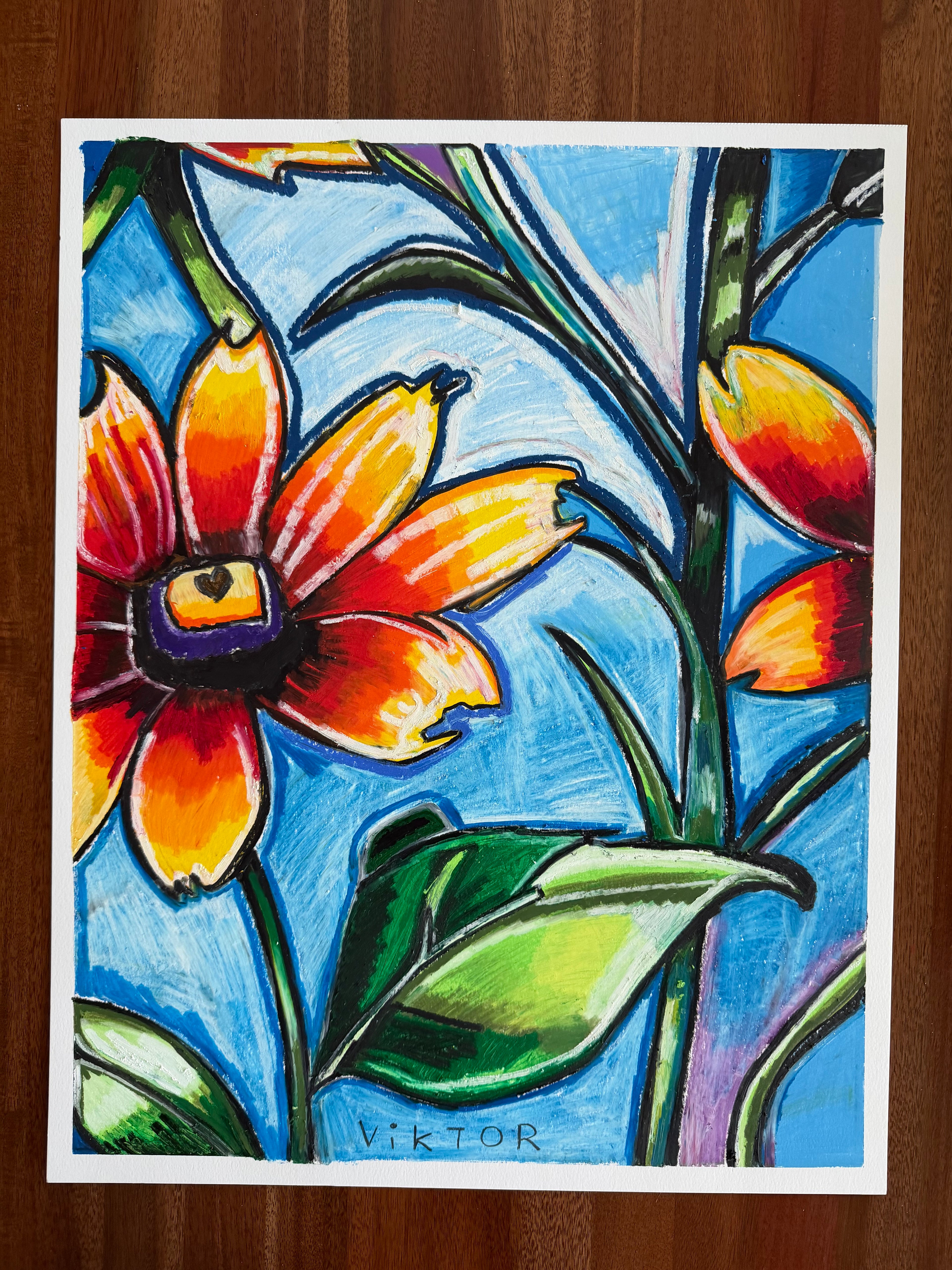 Orange Gerbera Daisy - ORIGINAL OIL PASTEL ARTWORK - 19x24" (video attached)