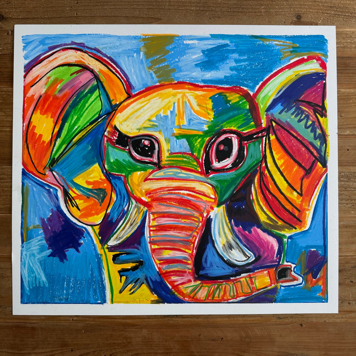 The Colorful Elephant - ORIGINAL OIL PASTEL - 19x17”