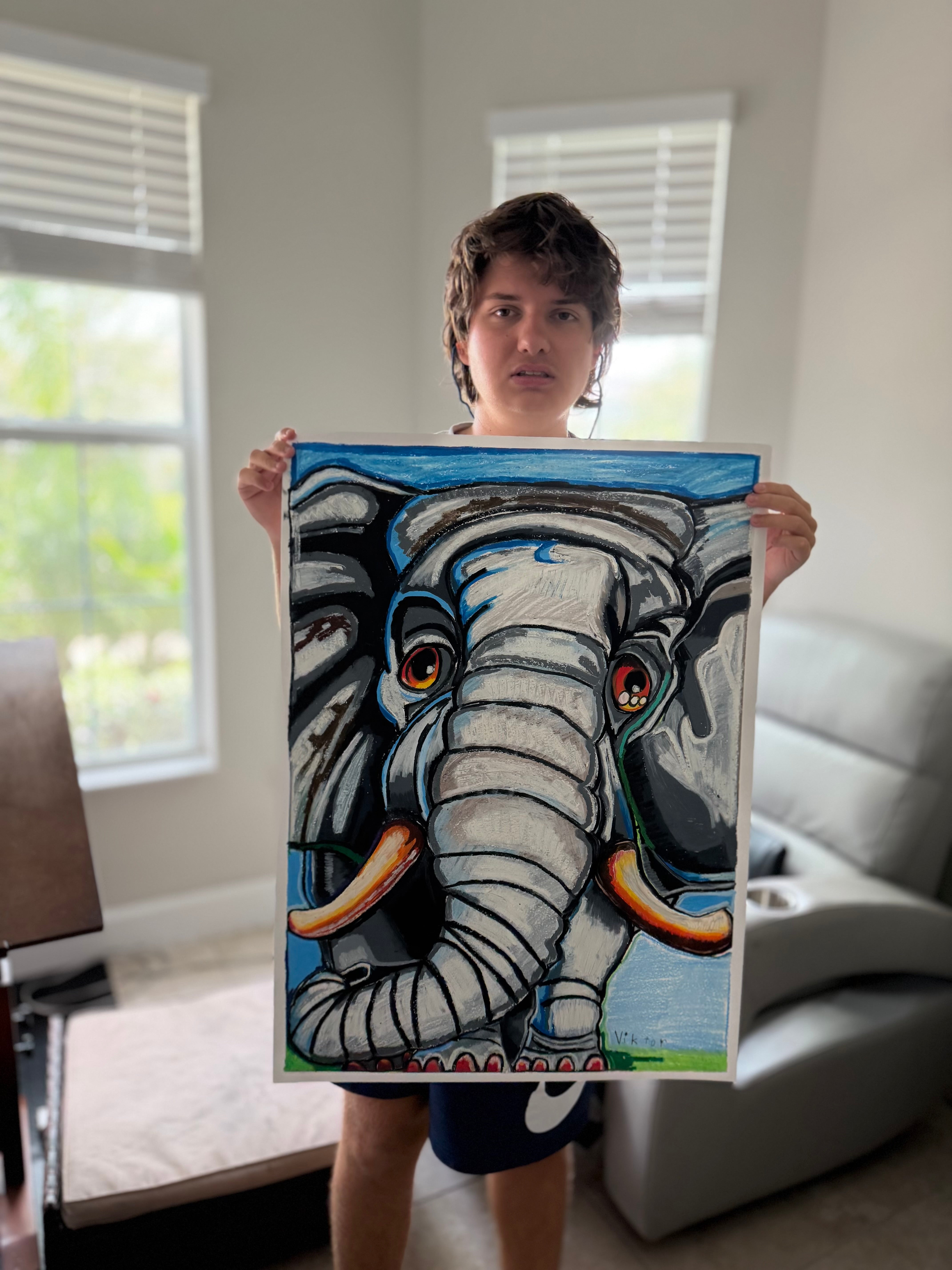 Azure Elephant - ORIGINAL OIL PASTEL ARTWORK - 22x30