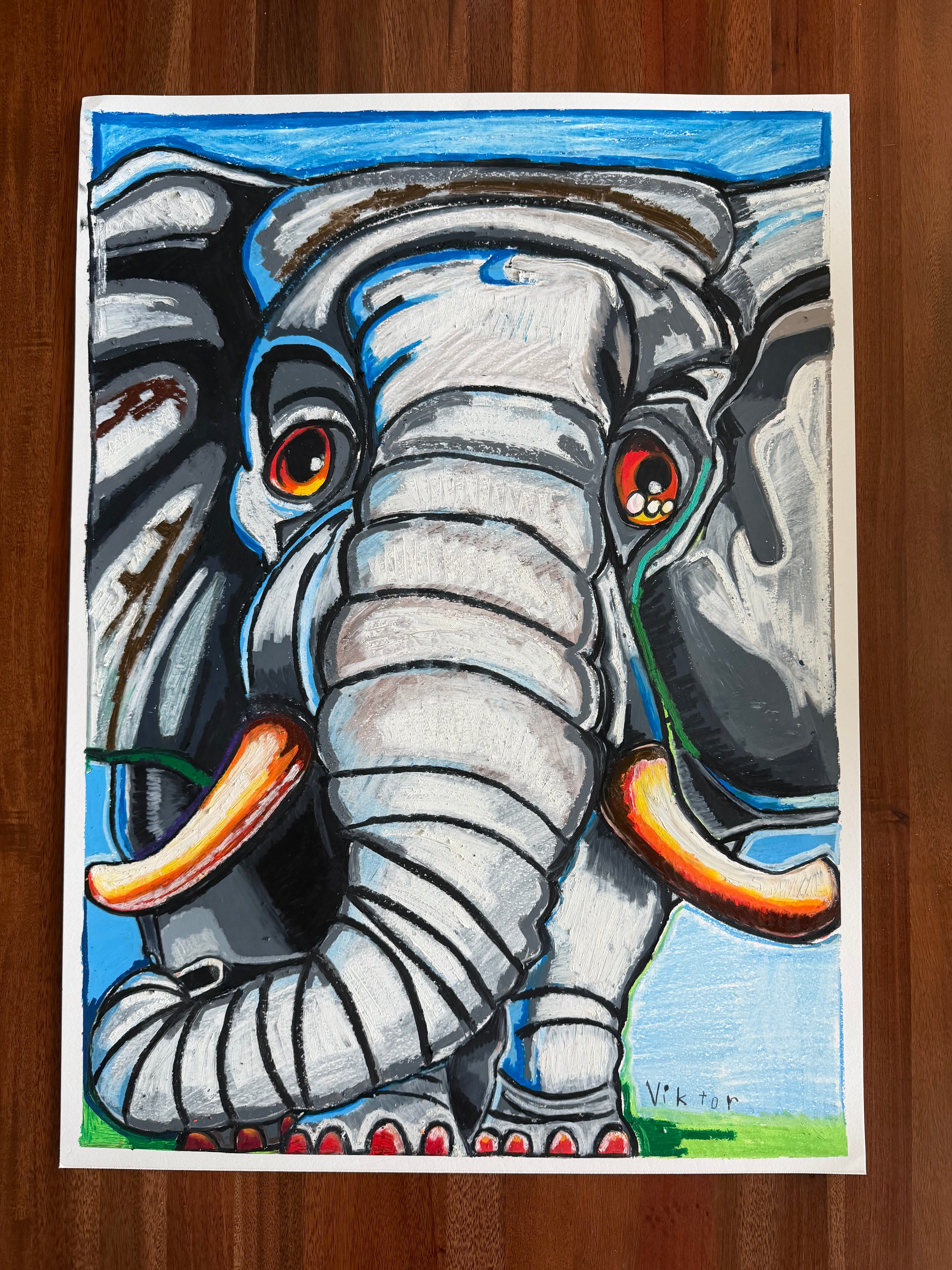 Azure Elephant - ORIGINAL OIL PASTEL ARTWORK - 22x30