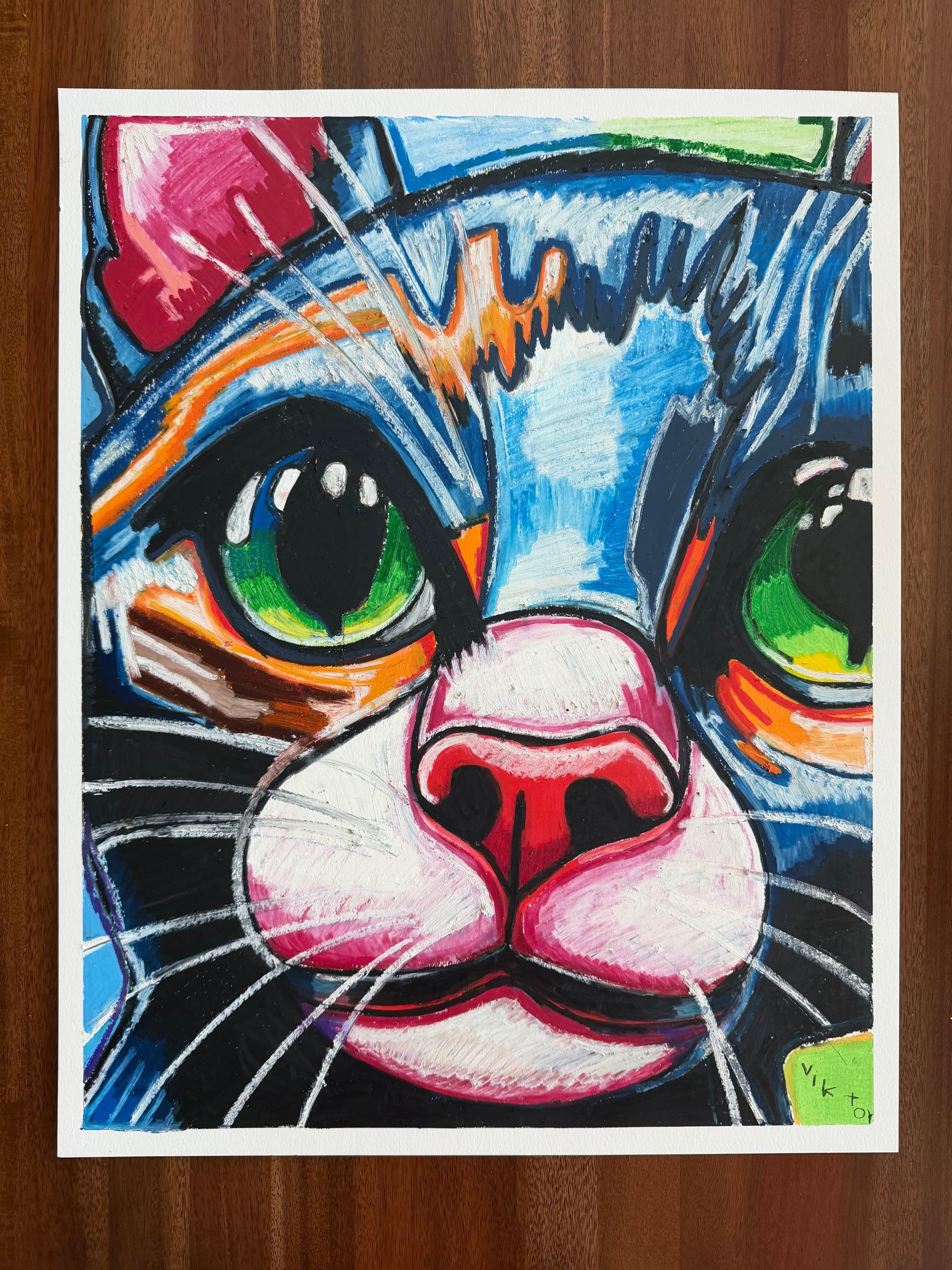 Cobalt Cat  - ORIGINAL OIL PASTEL ARTWORK - 19x24" (video attached)