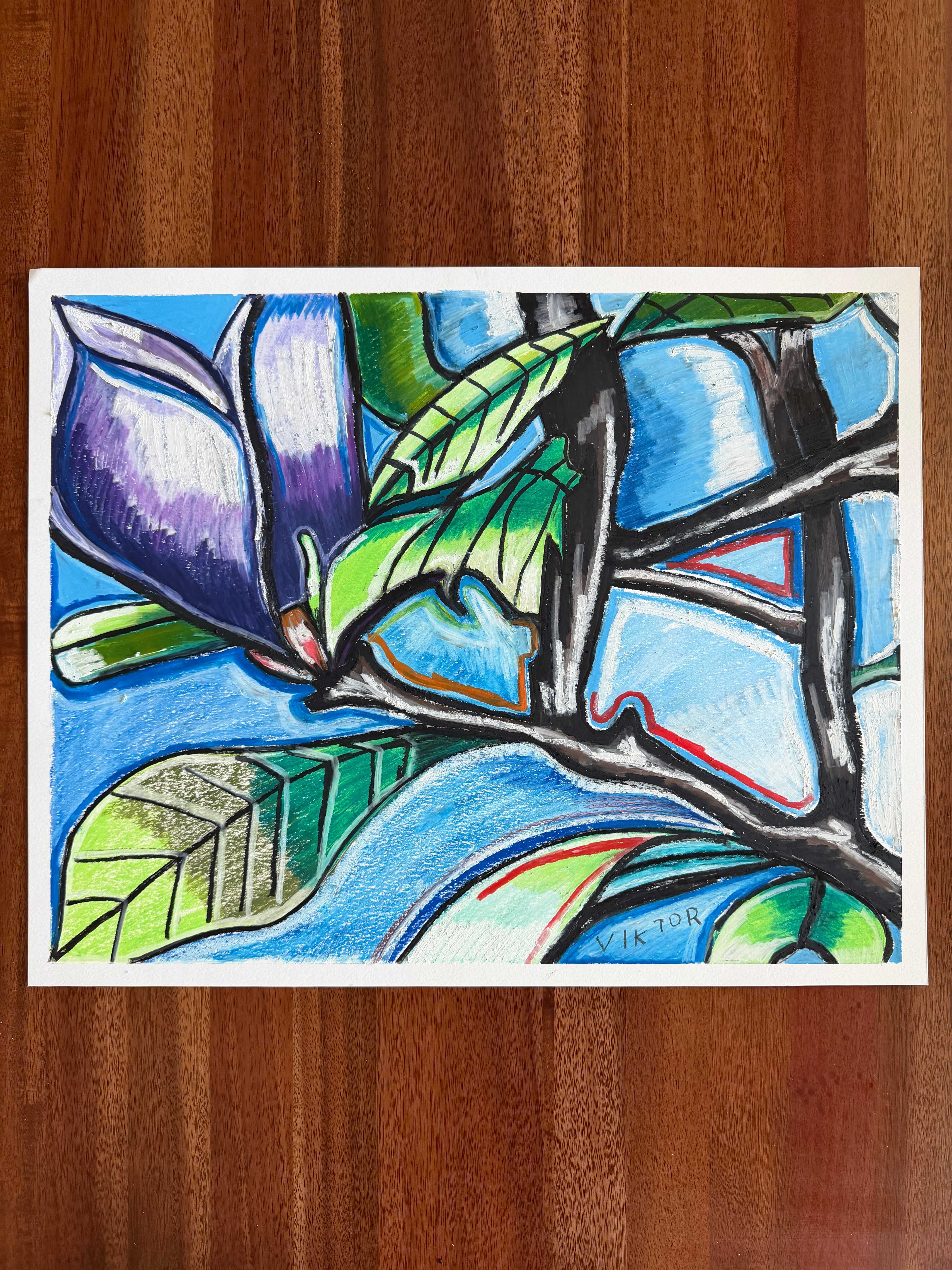 Purple Flowering Tree - ORIGINAL OIL PASTEL ARTWORK - 20x16" (video attached)