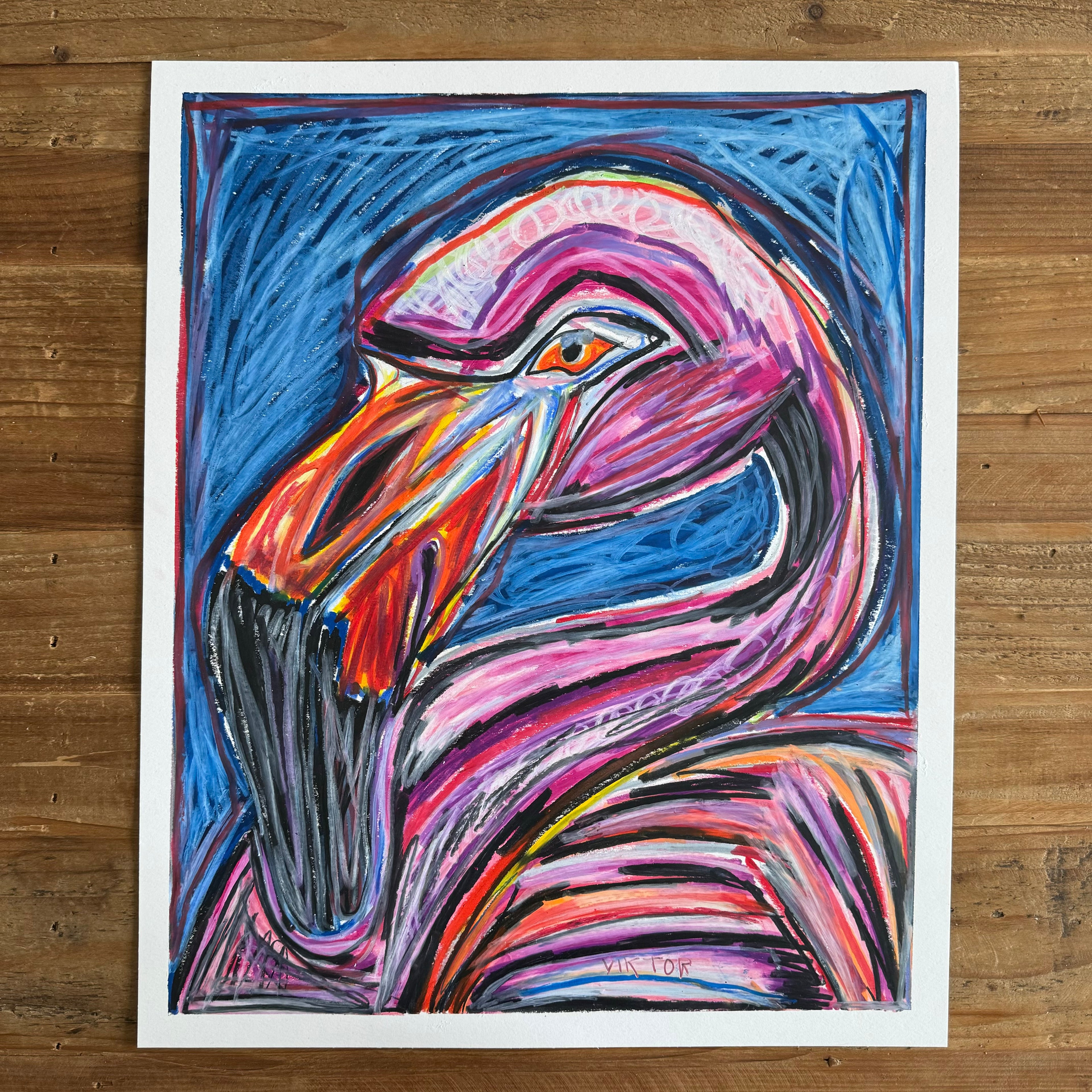 Fiona the Flamingo - ORIGINAL  14x17” - Vichy's Art