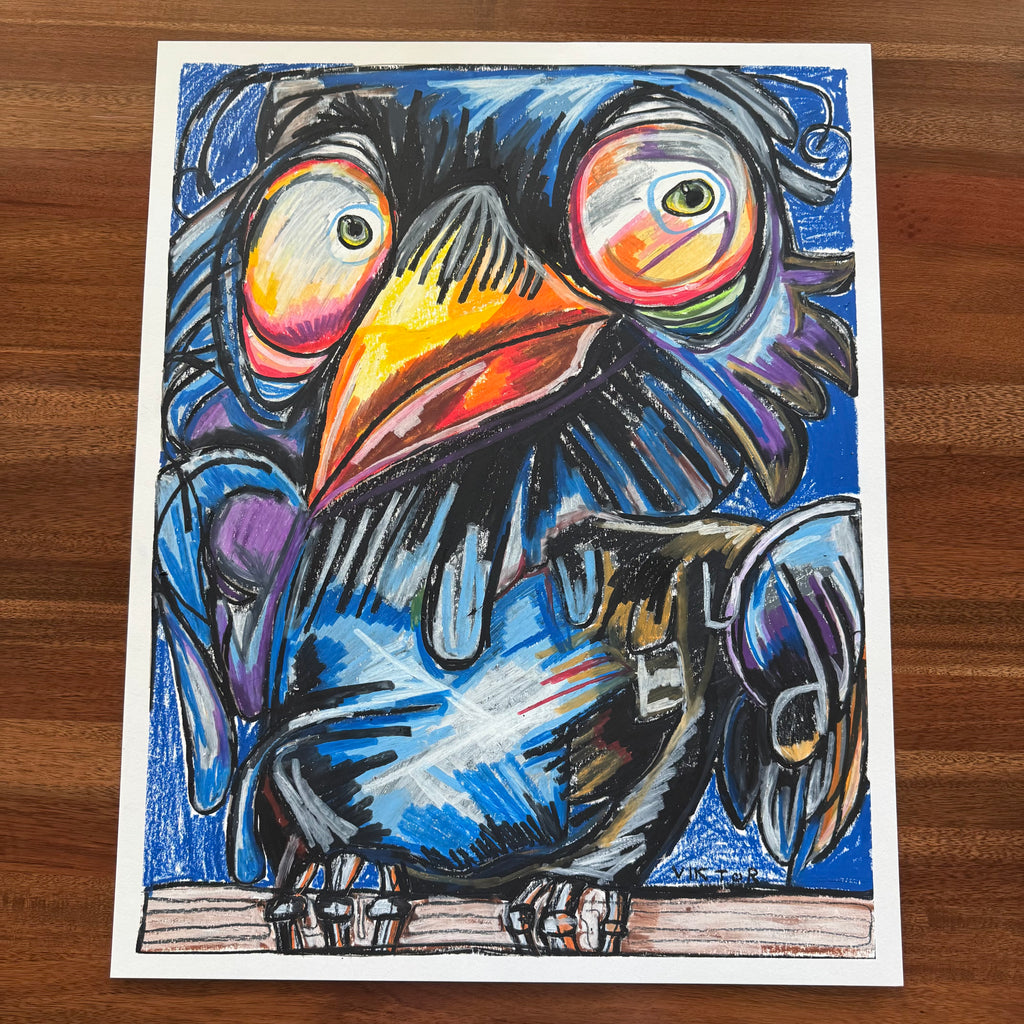 Edgar The Crow - ORIGINAL OIL PASTEL ARTWORK - 19x24" (video attached)