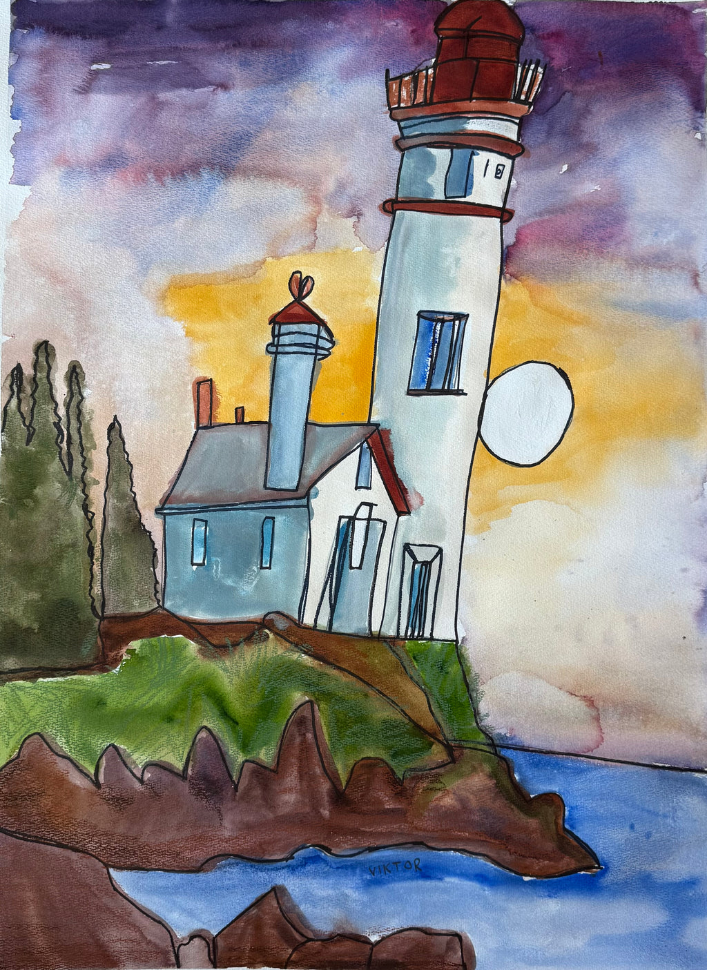 Lighthouse No 3 - ORIGINAL Watercolor artwork 22x30” - Vichy's Art