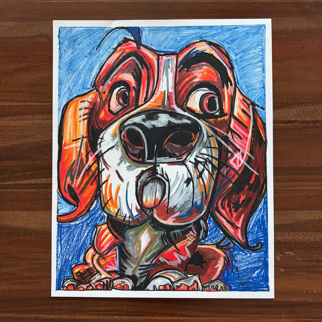 Funny Basset - ORIGINAL OIL PASTEL ARTWORK - 19x24" (video attached)