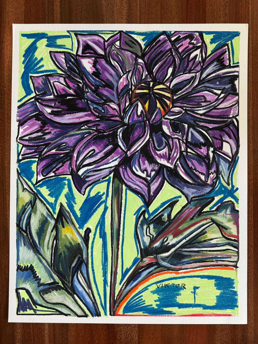 Purple Dahlia - ORIGINAL OIL PASTEL ARTWORK - 19x24" (video attached)