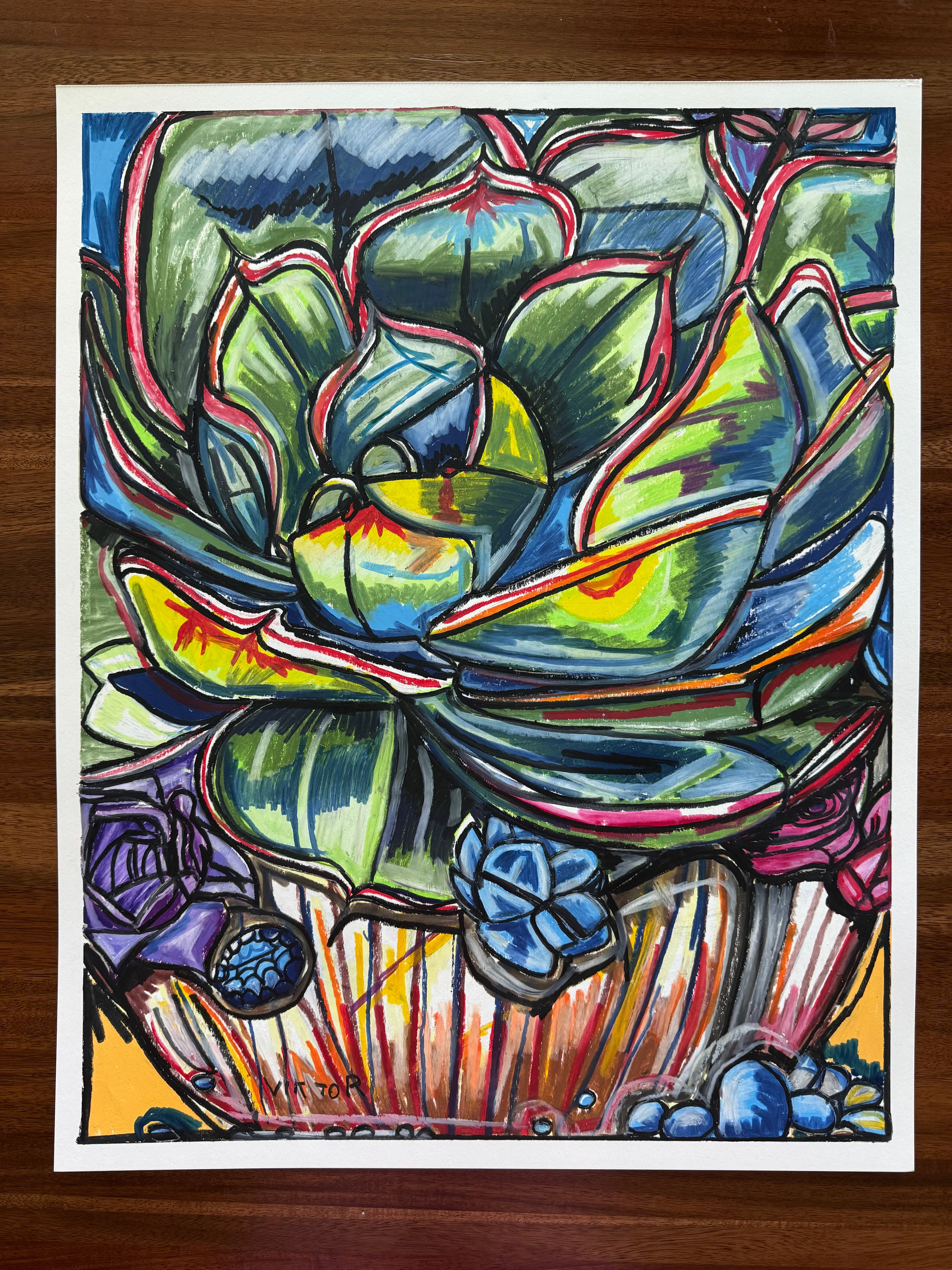 Succulent Green - ORIGINAL OIL PASTEL ARTWORK - 19x24" (video attached)
