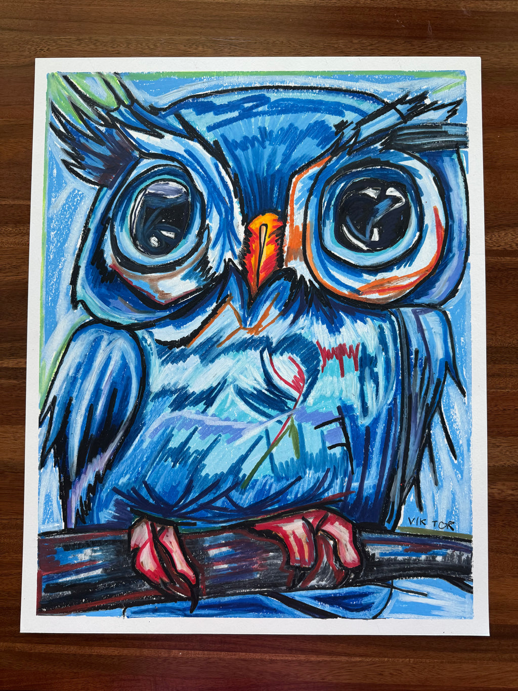 The Blue Owl- ORIGINAL OIL PASTEL ARTWORK - 19x24" (video attached)