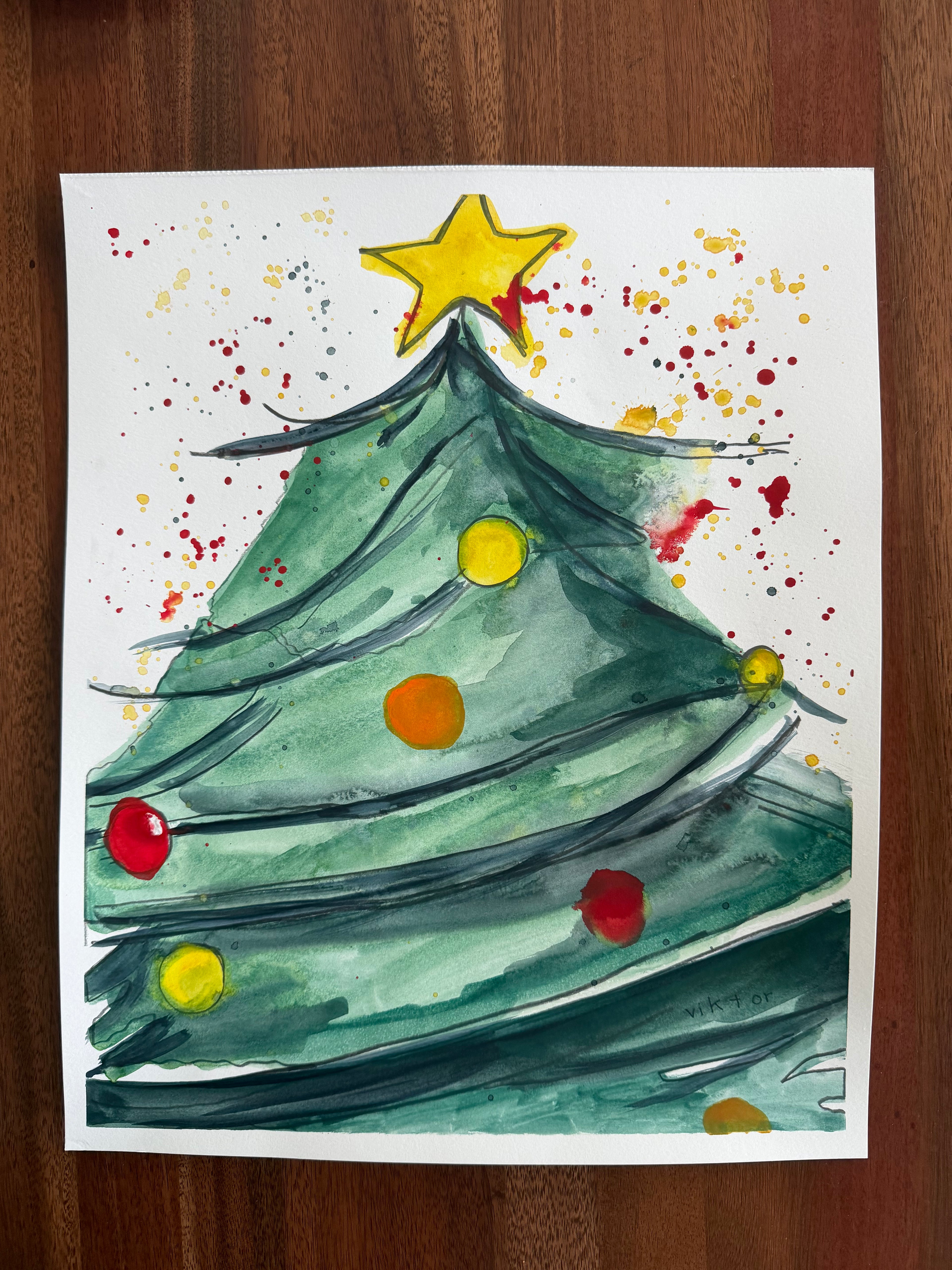 Winter Emerald Glow  - ORIGINAL Watercolor painting 14x17”