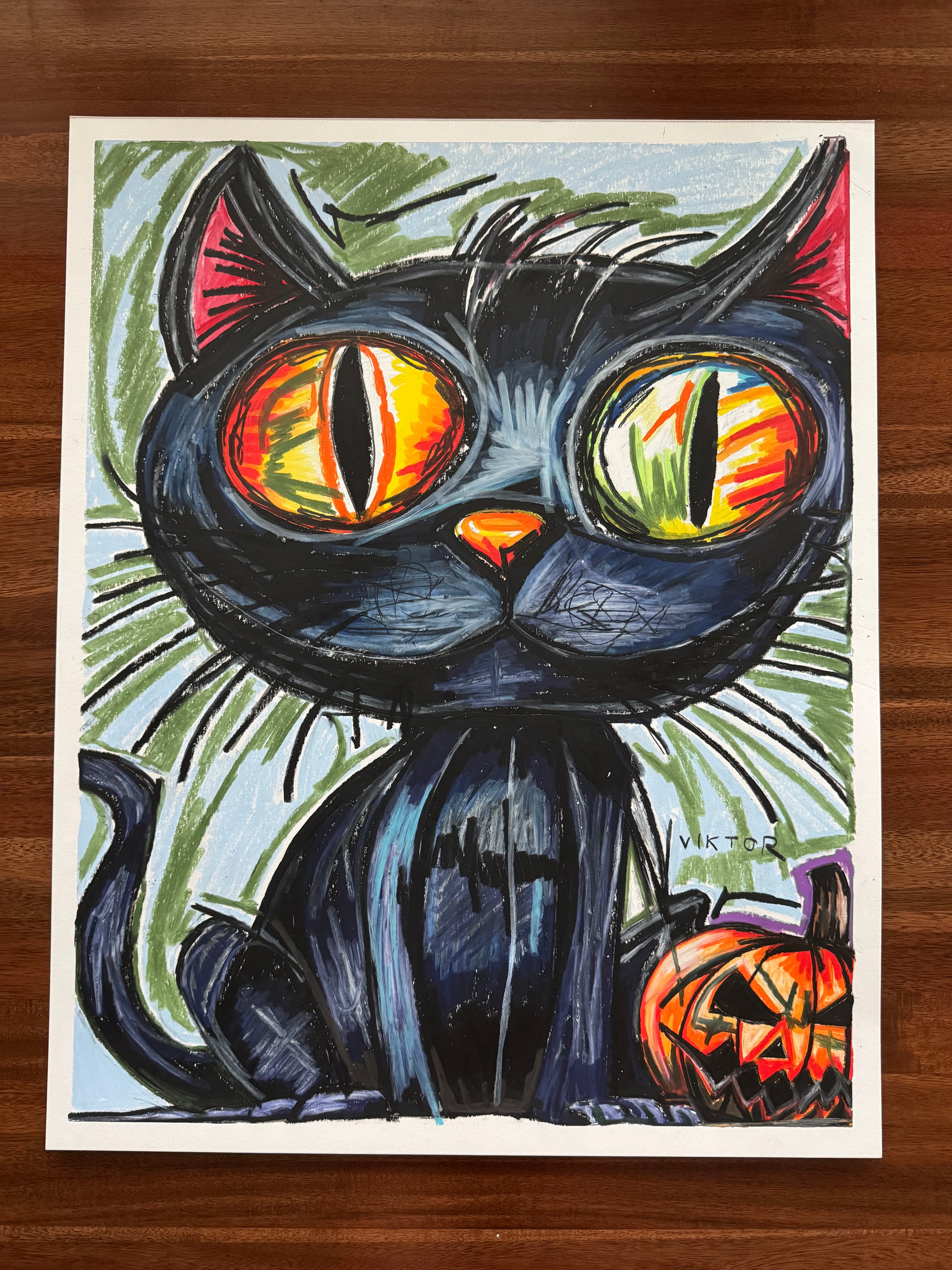 Halloween Cat - ORIGINAL OIL PASTEL ARTWORK - 19x24" (video attached)