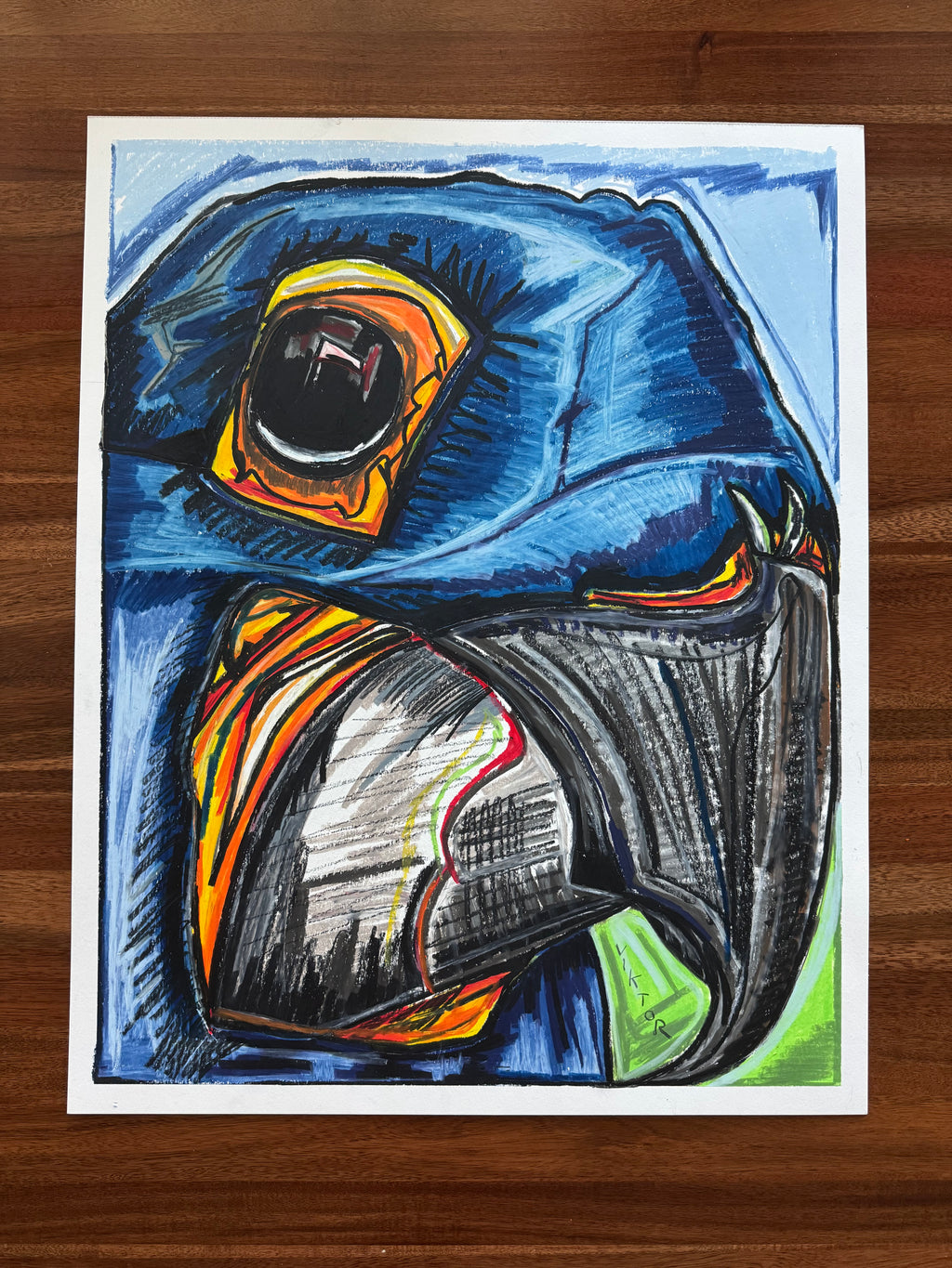 The Blue Parrot - ORIGINAL OIL PASTEL ARTWORK - 19x24" (video attached)