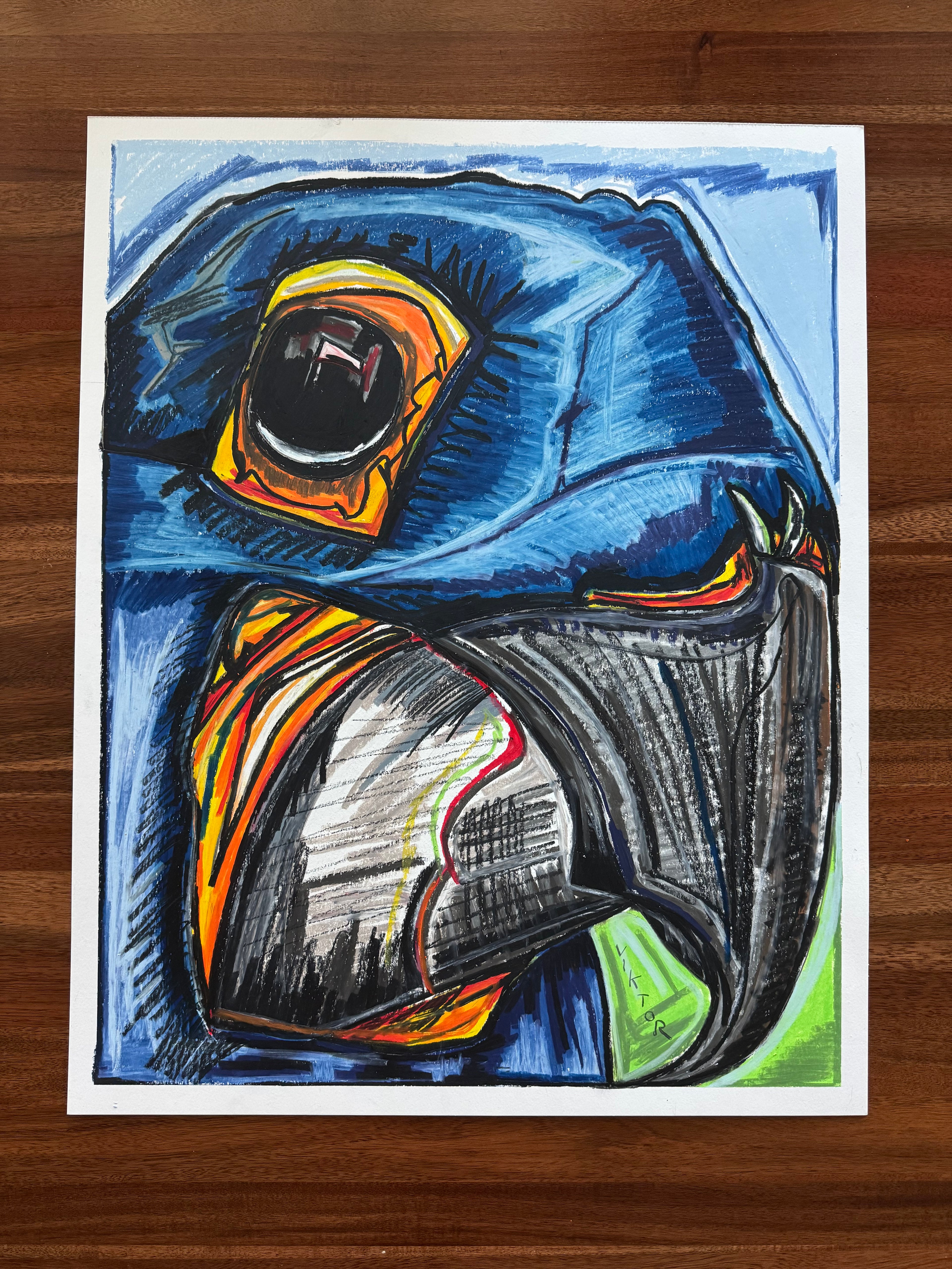 The Blue Parrot - ORIGINAL OIL PASTEL ARTWORK - 19x24" (video attached)