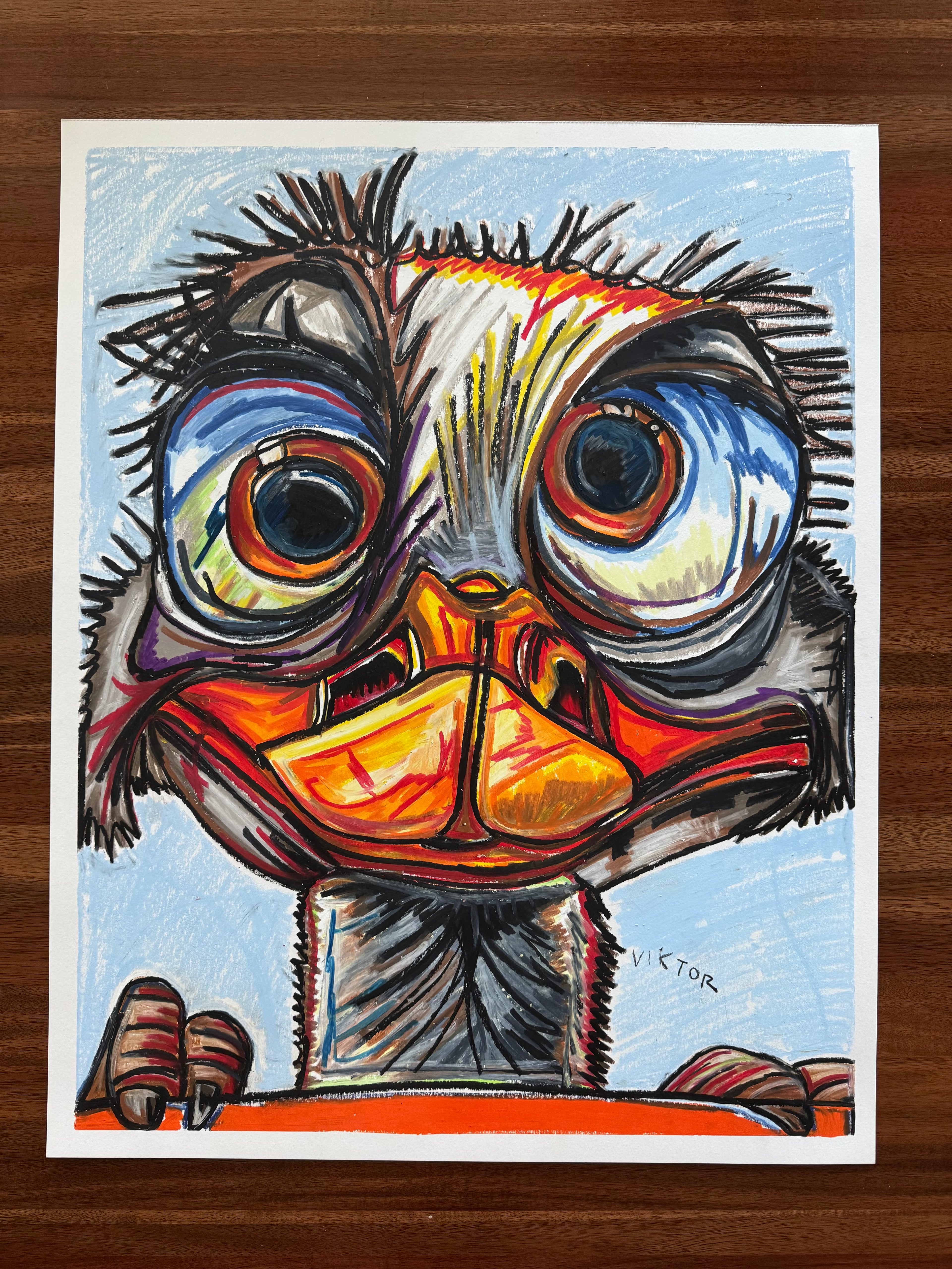 Colorful Ostrich - ORIGINAL OIL PASTEL ARTWORK - 19x24" (video attached)