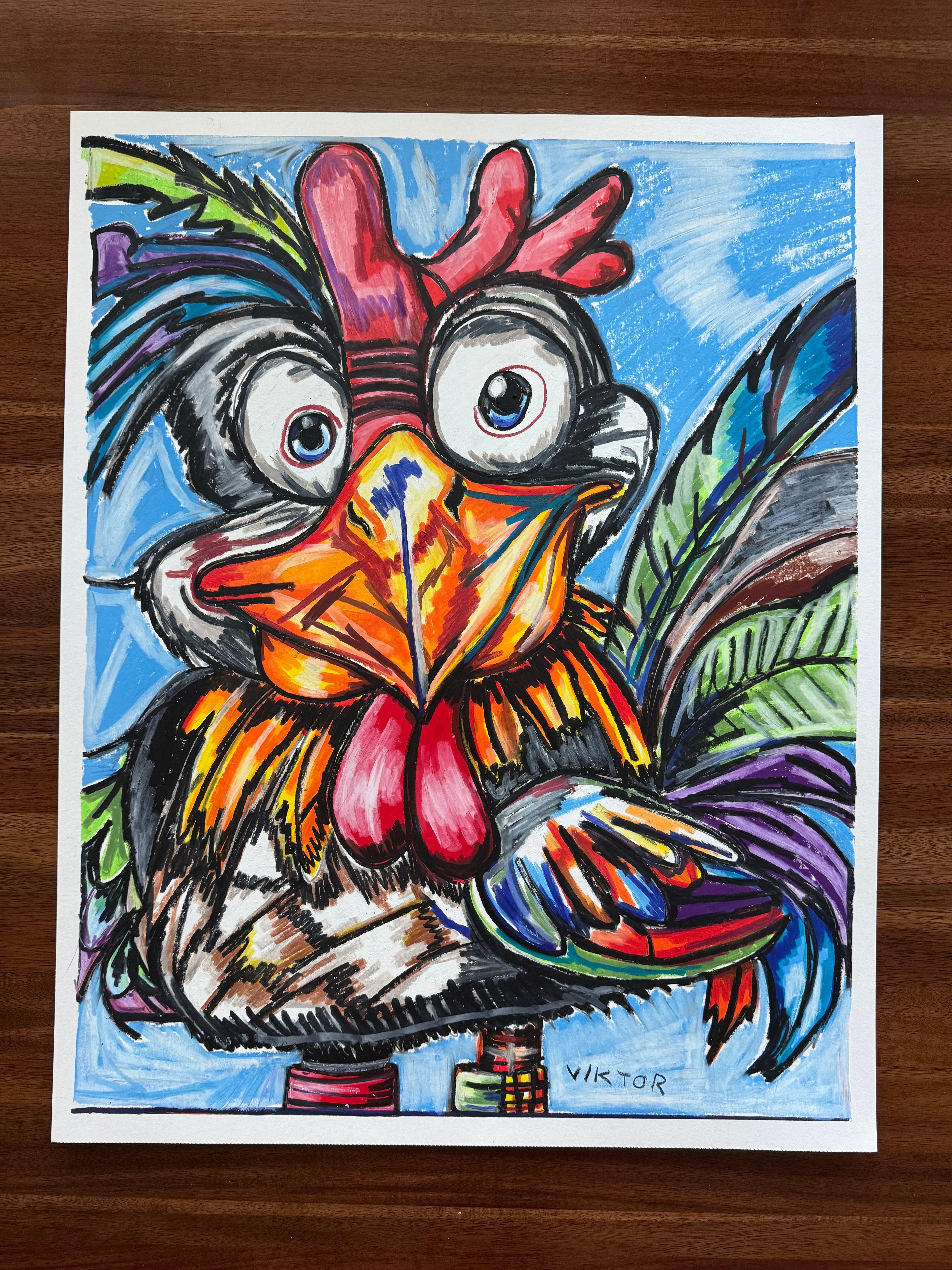 Colorful Chicken - ORIGINAL OIL PASTEL ARTWORK - 19x24" (video attached)
