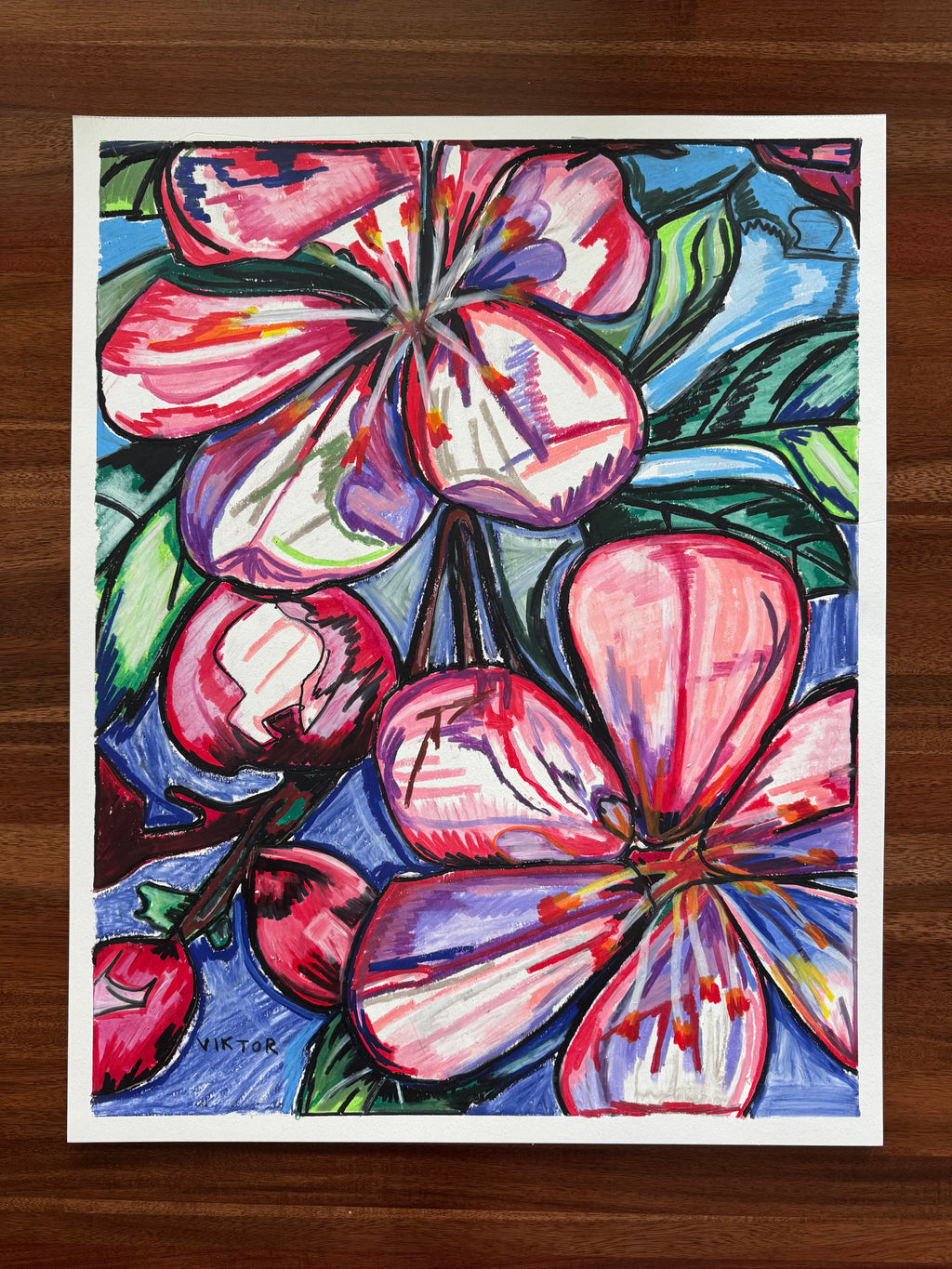 Pink Hibiscus - ORIGINAL OIL PASTEL ARTWORK - 19x24"(video attached)