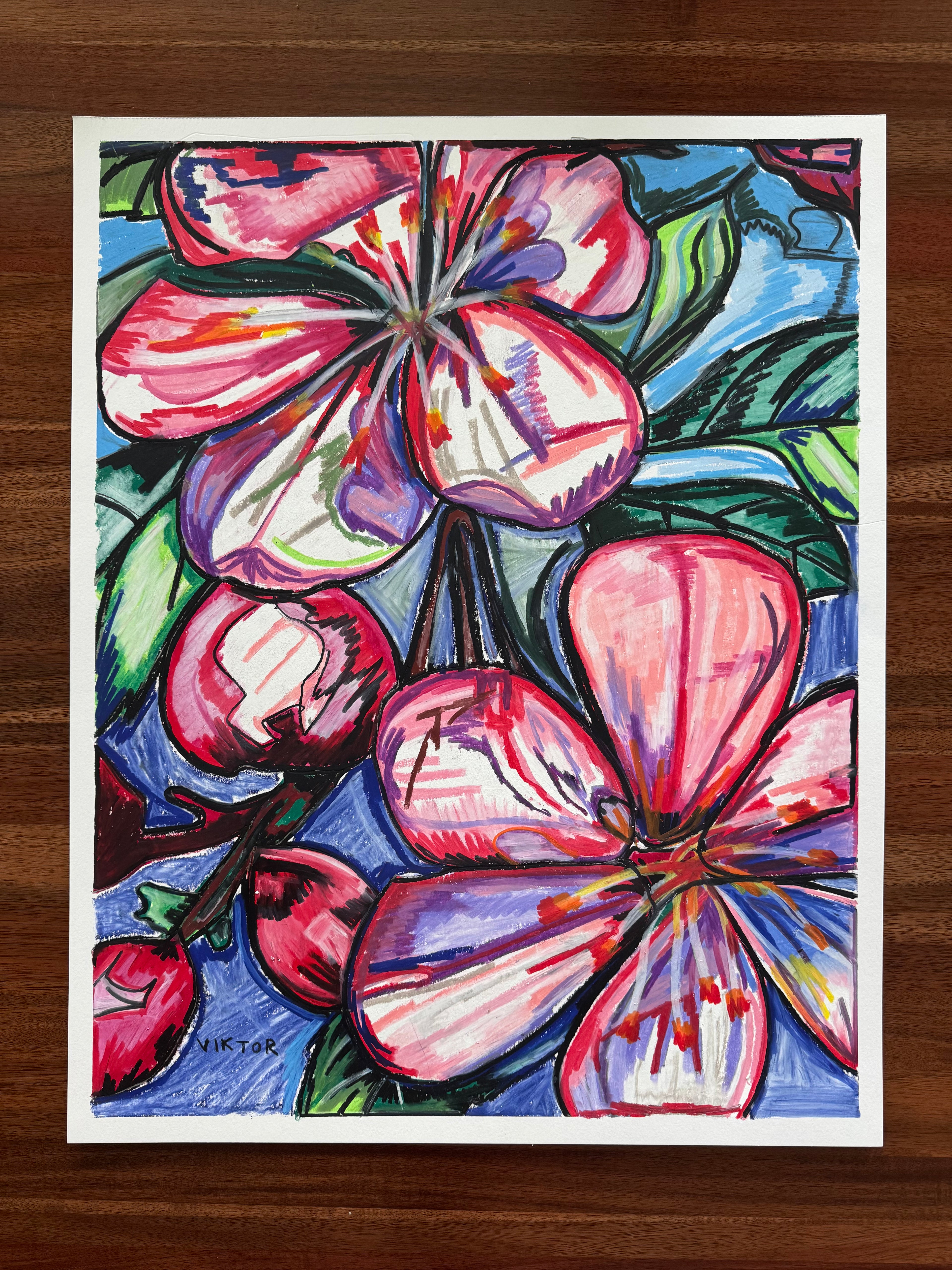 Pink Hibiscus - ORIGINAL OIL PASTEL ARTWORK - 19x24"(video attached)