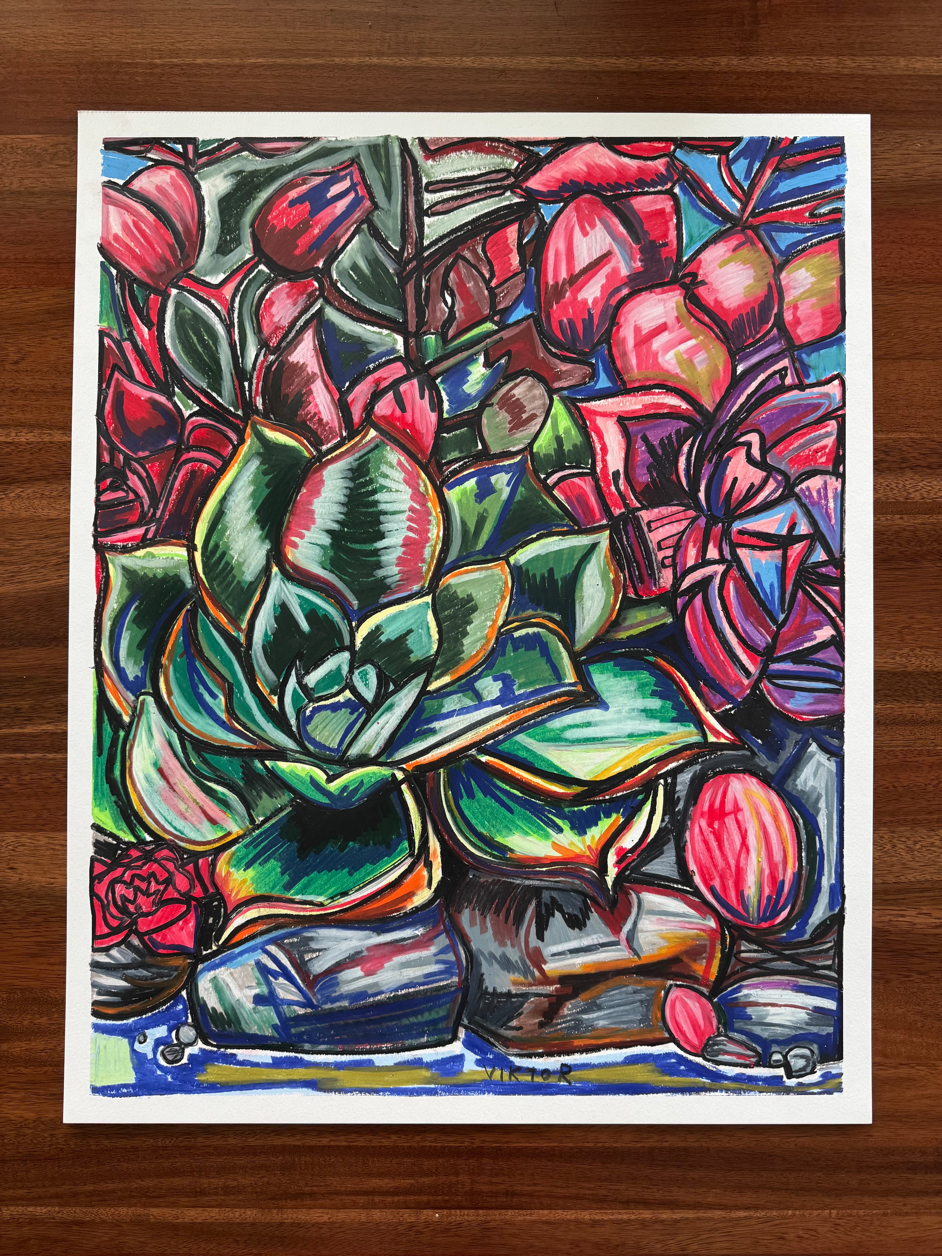 Succulent Rock Garden - ORIGINAL OIL PASTEL ARTWORK - 19x24"(video attached)