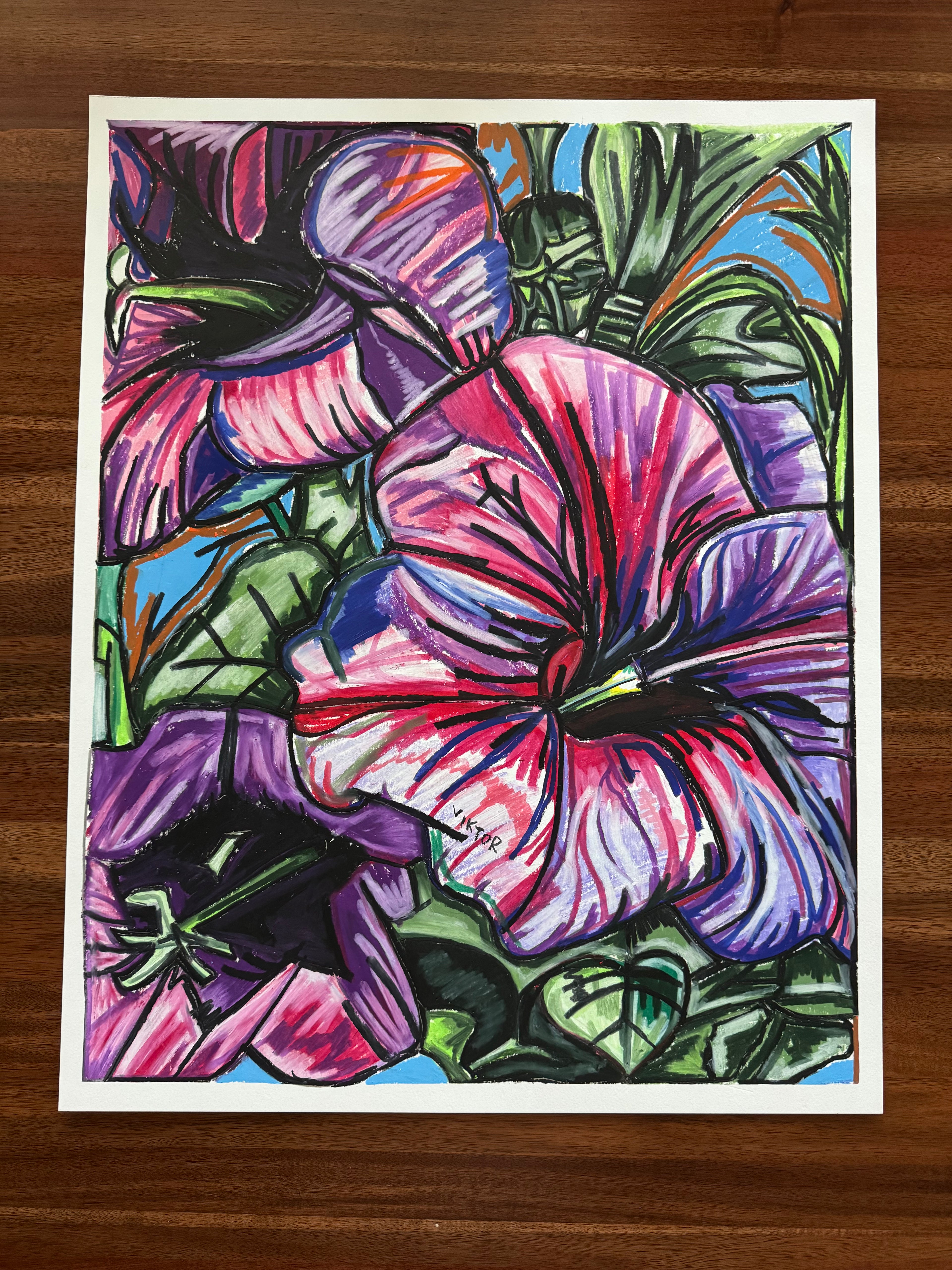 Purple Petunia- ORIGINAL OIL PASTEL ARTWORK - 19x24"(video attached)