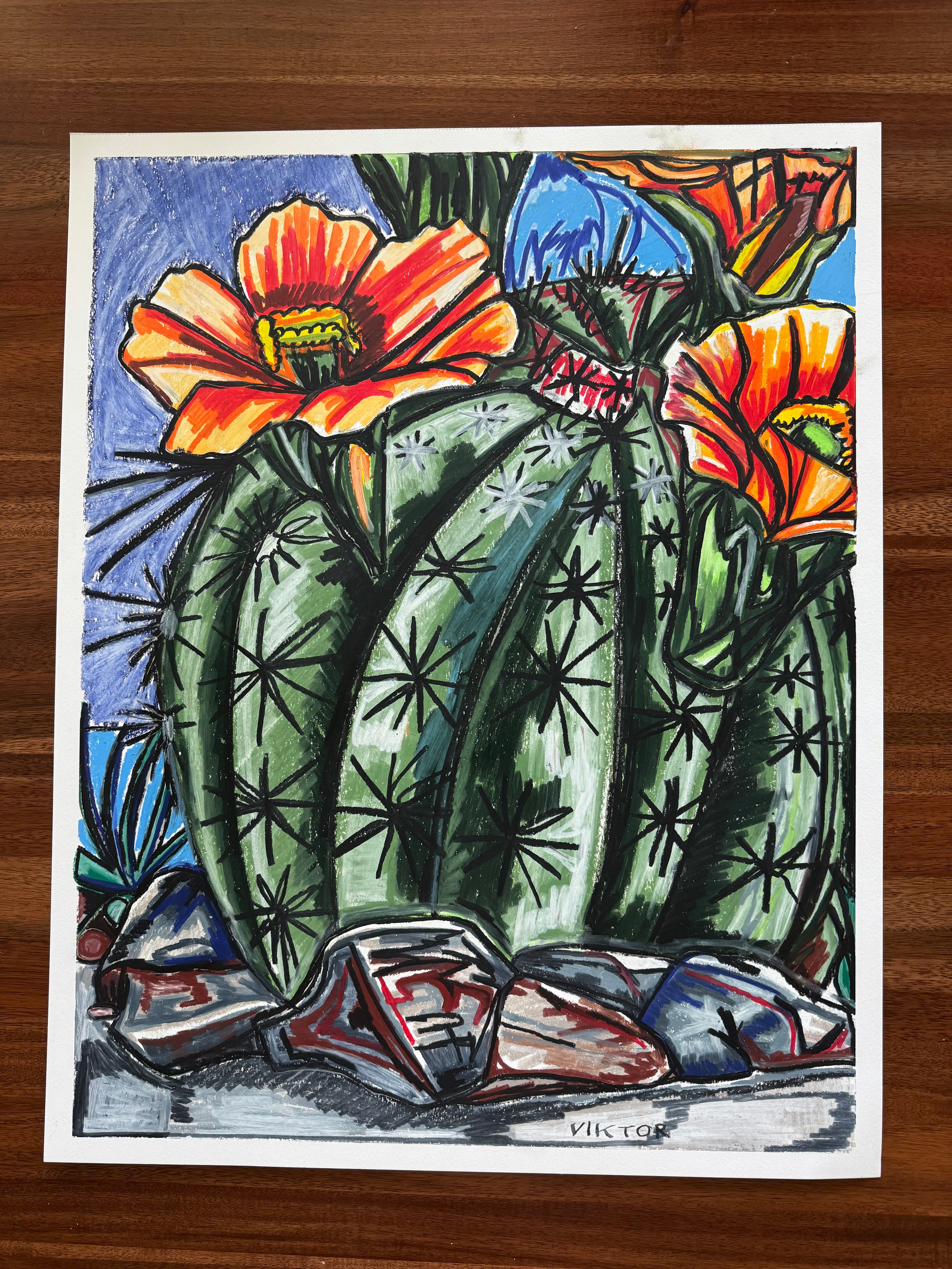 Orange Cactus - ORIGINAL OIL PASTEL ARTWORK - 19x24"(video attached)