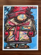 Gnome Holding A Gift Box - ORIGINAL OIL PASTEL ARTWORK - 19x24"(video attached)