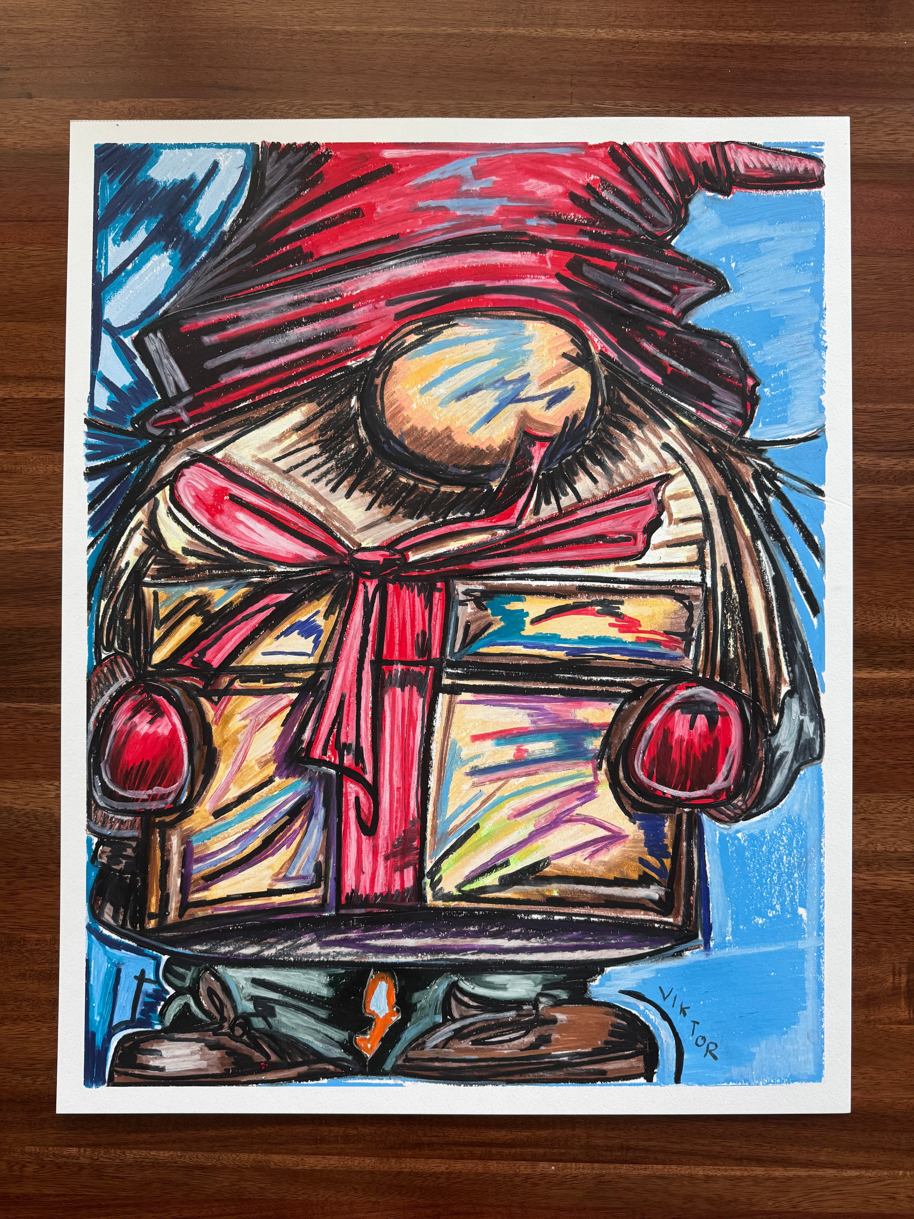 Gnome Holding A Gift Box - ORIGINAL OIL PASTEL ARTWORK - 19x24"(video attached)