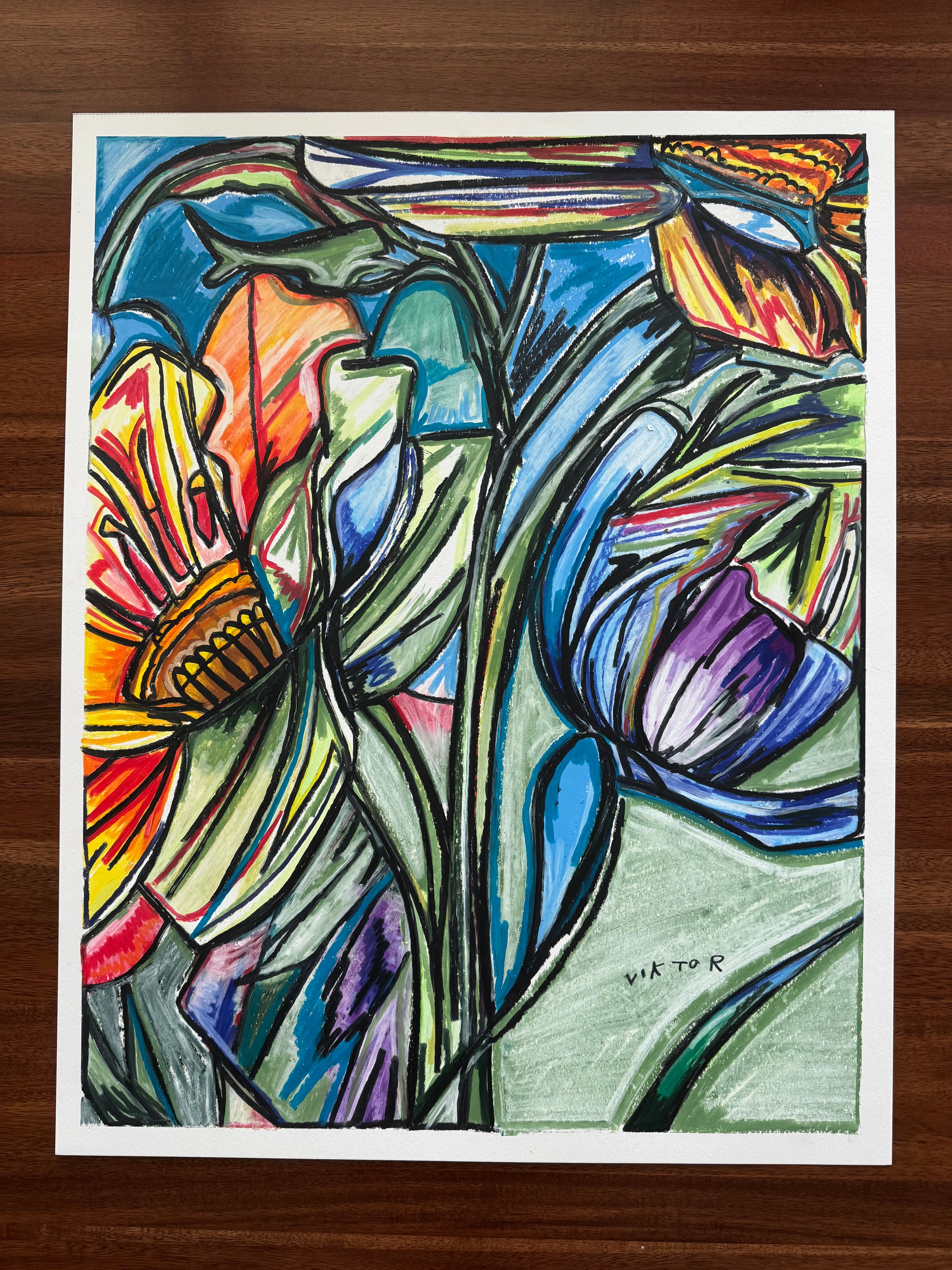 Flower mix - ORIGINAL OIL PASTEL ARTWORK - 19x24"(video attached)