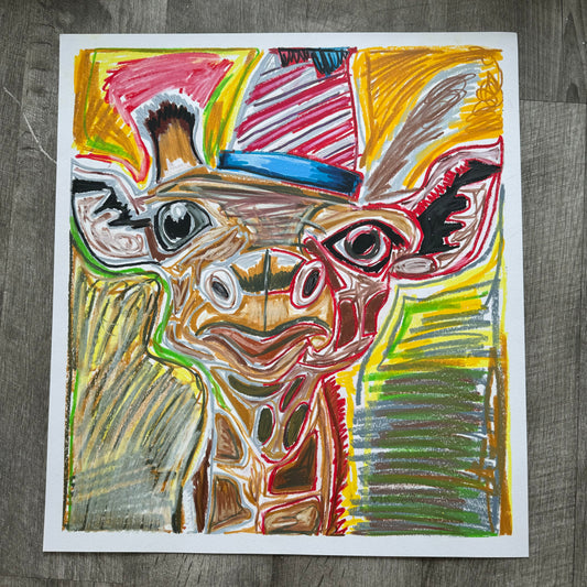 The Birthday Giraffe - ORIGINAL OIL PASTEL - 19x21”