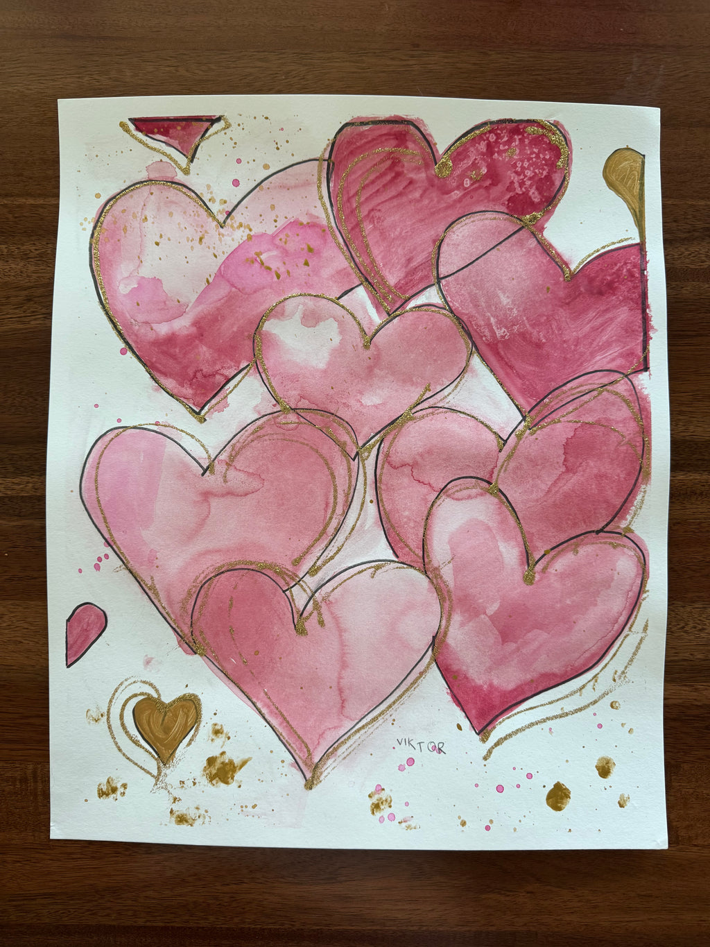 Golden Hearts II - ORIGINAL WATERCOLOR 14x17”