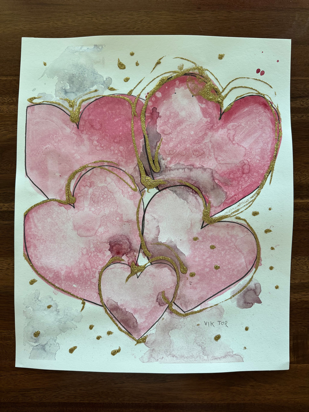 Golden Hearts I - ORIGINAL WATERCOLOR 14x17” - Vichy's Art