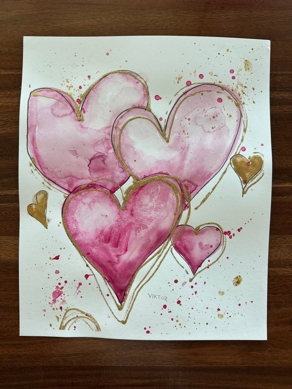 Golden Hearts III - ORIGINAL WATERCOLOR 14x17” - Vichy's Art