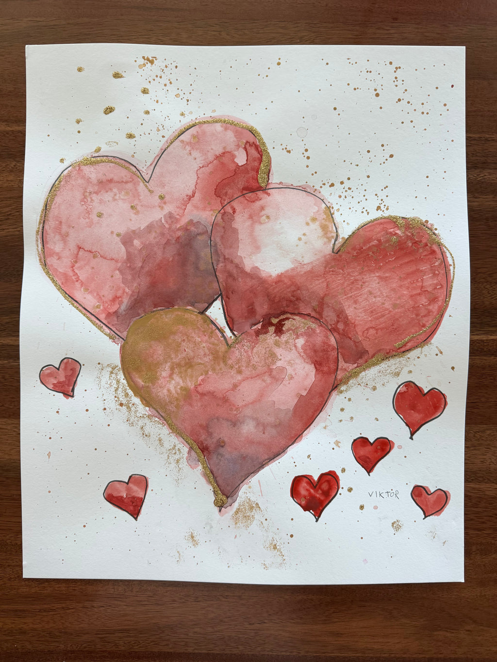 Golden Hearts IV - ORIGINAL WATERCOLOR 14x17” - Vichy's Art