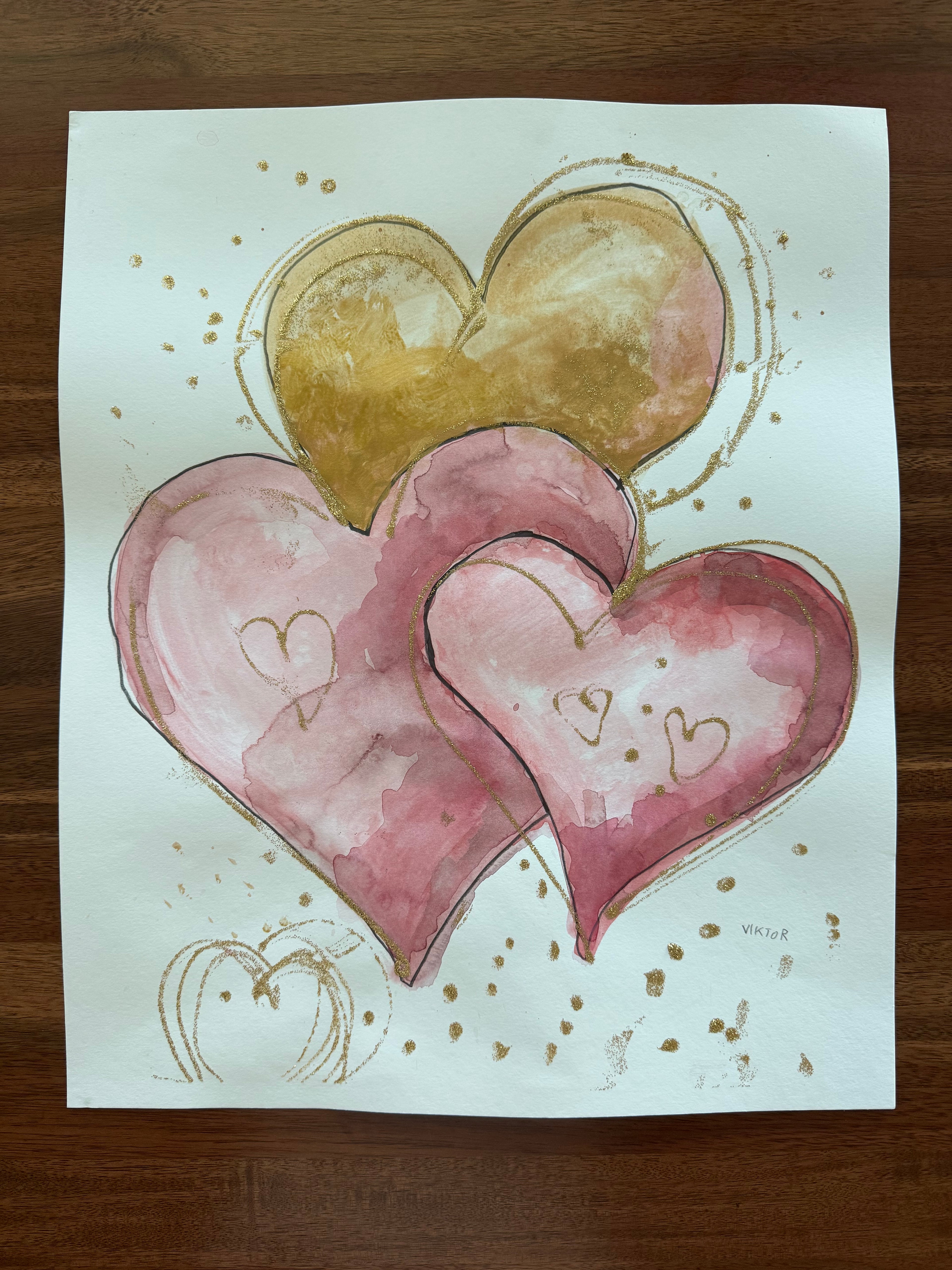 Golden Hearts V - ORIGINAL WATERCOLOR 14x17”