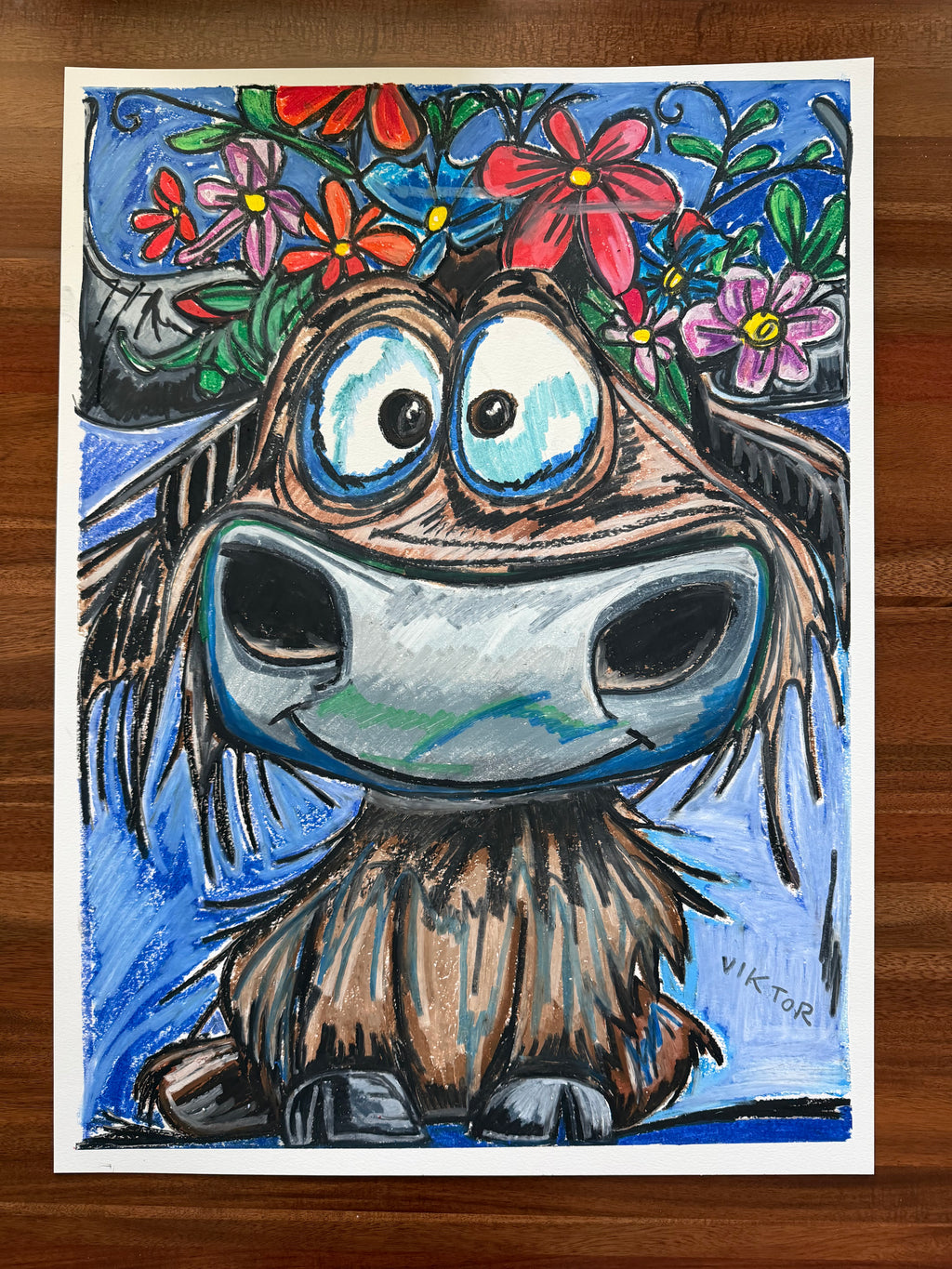 Floral Cow - ORIGINAL OIL PASTEL ARTWORK - 22x30" (video attached)
