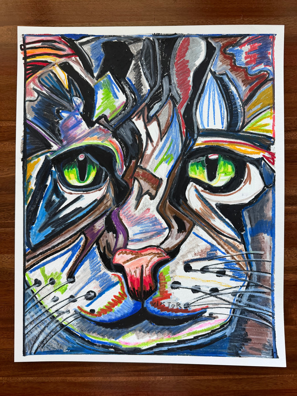 Green Eyes Cat - ORIGINAL OIL PASTEL ARTWORK - 19x24" (video attached)