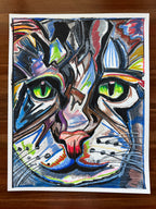 Green Eyes Cat - ORIGINAL OIL PASTEL ARTWORK - 19x24" (video attached)