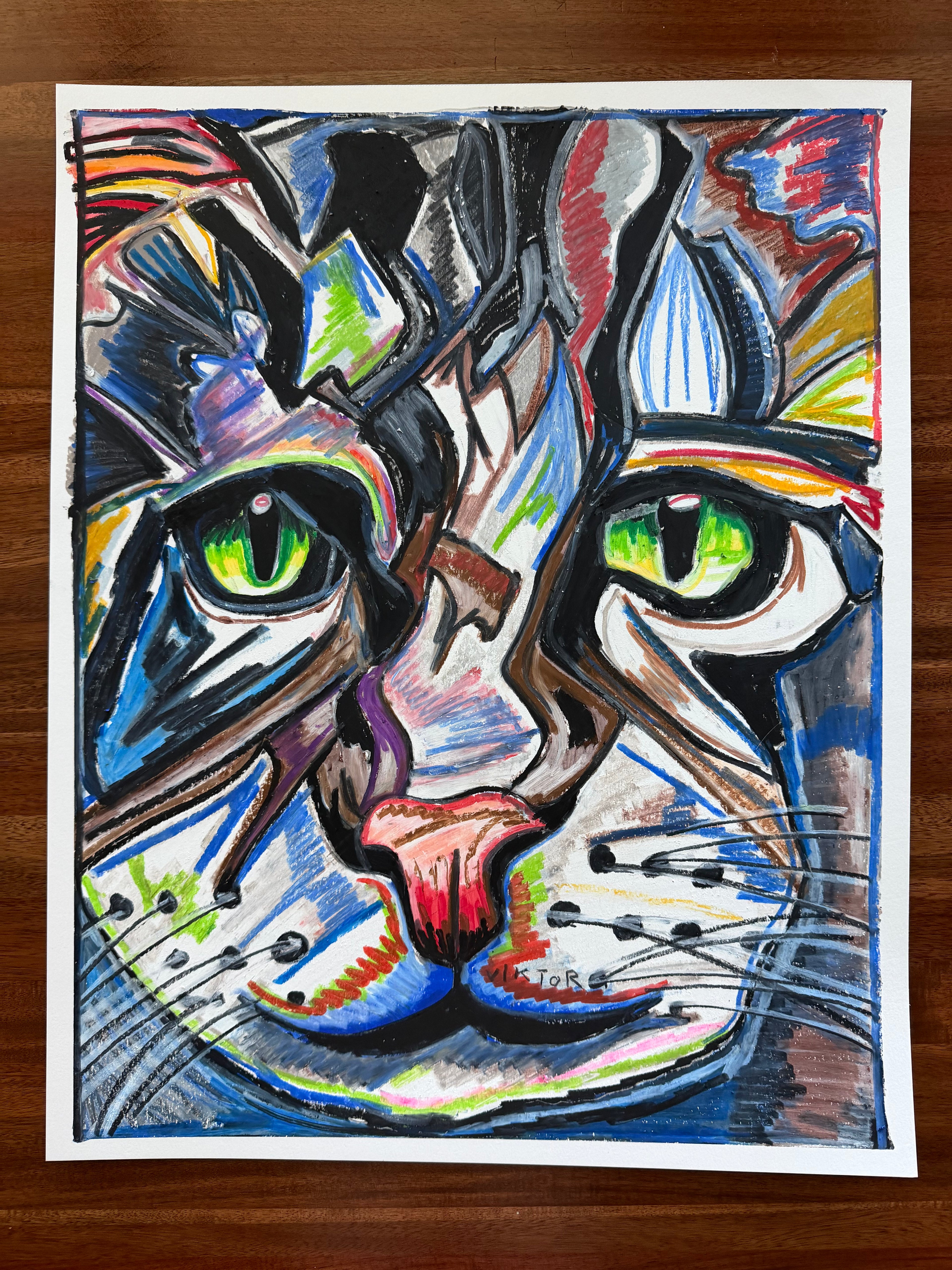 Green Eyes Cat - ORIGINAL OIL PASTEL ARTWORK - 19x24" (video attached)