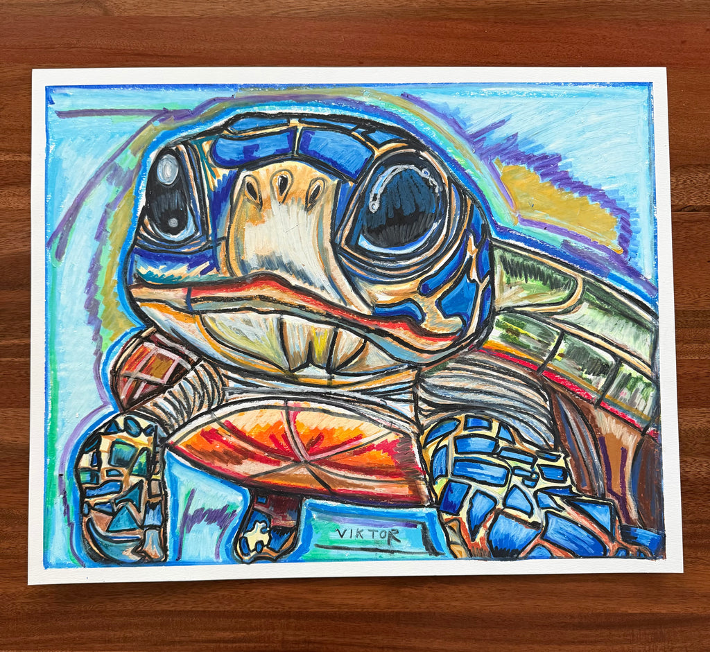 Cute Baby Turtle - ORIGINAL OIL PASTEL ARTWORK - 24x19" (video attached)