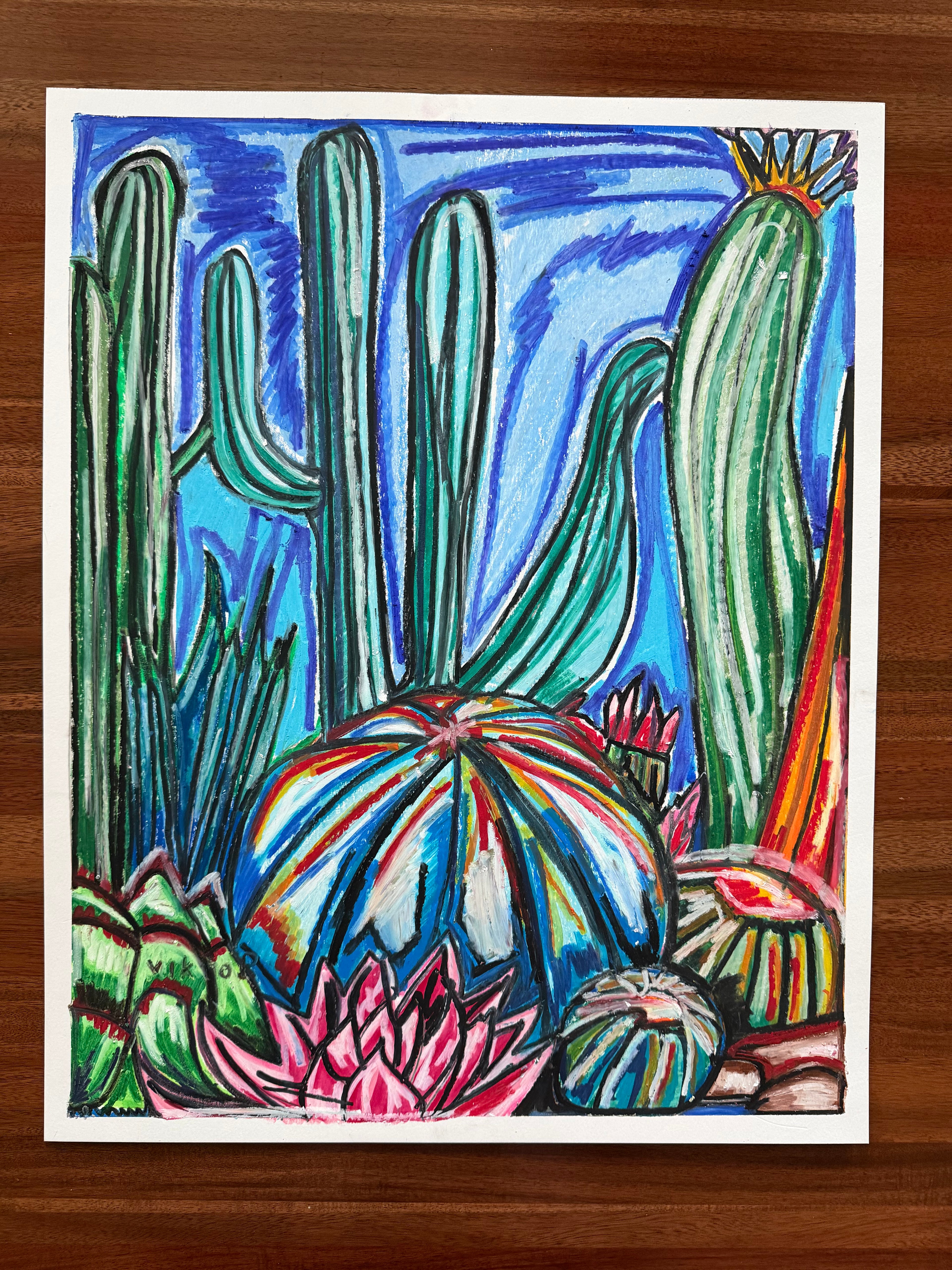 Desert Cactus - ORIGINAL OIL PASTEL ARTWORK - 19x24"(video attached)