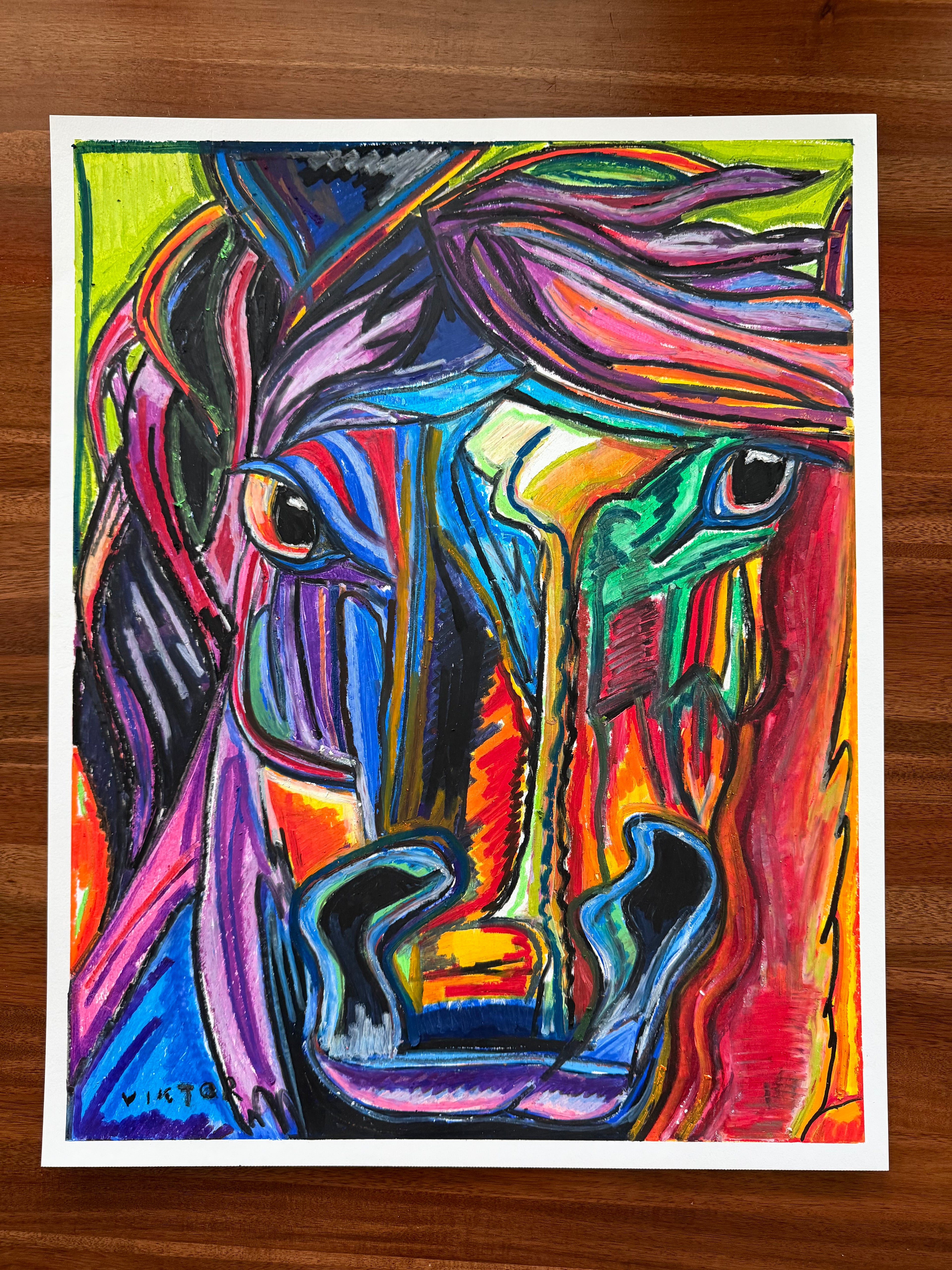 Colorful Horse - ORIGINAL OIL PASTEL ARTWORK - 19x24" (video attached)