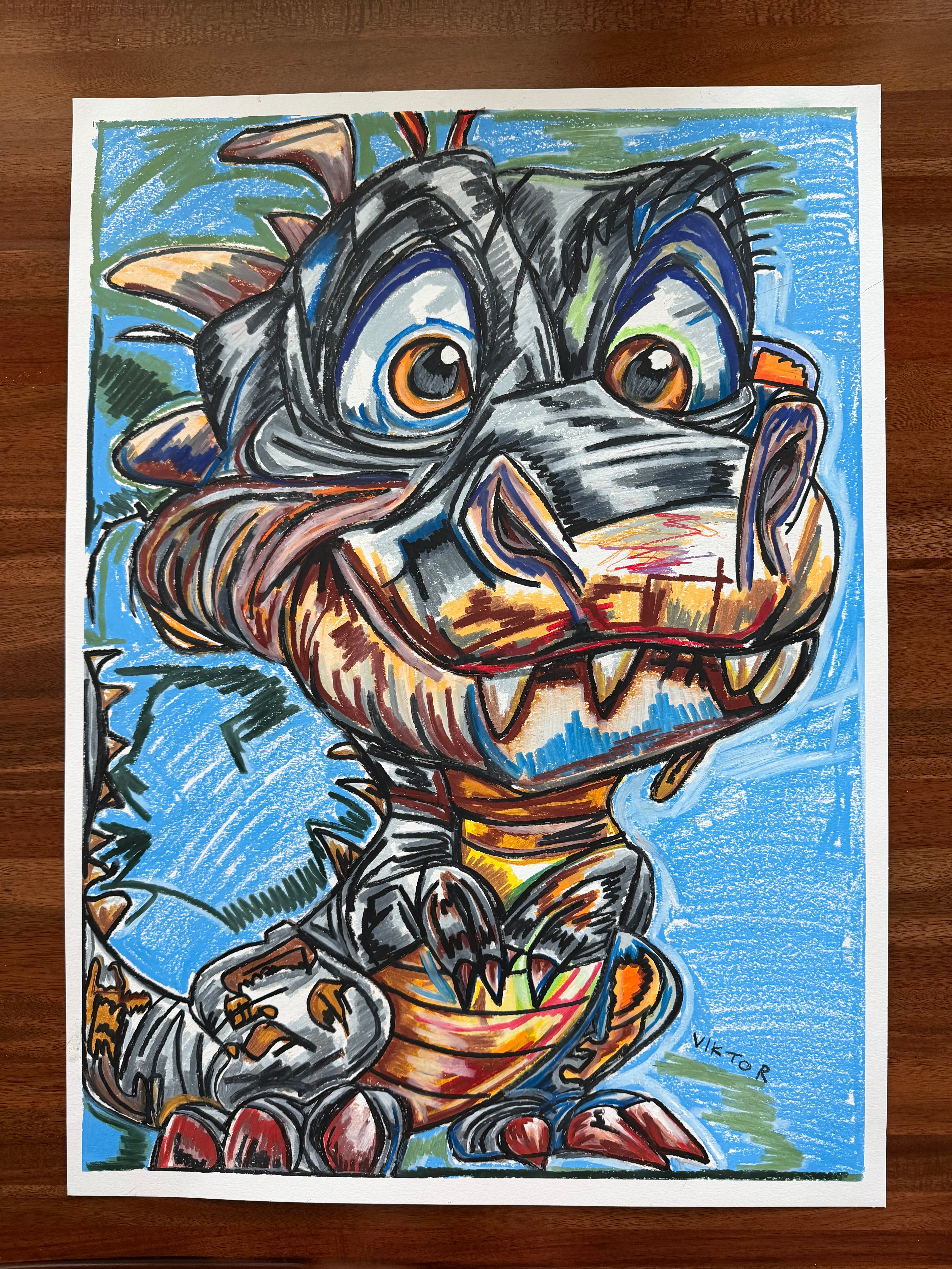 Cute Dino - ORIGINAL oil pastels artwork 22x30”