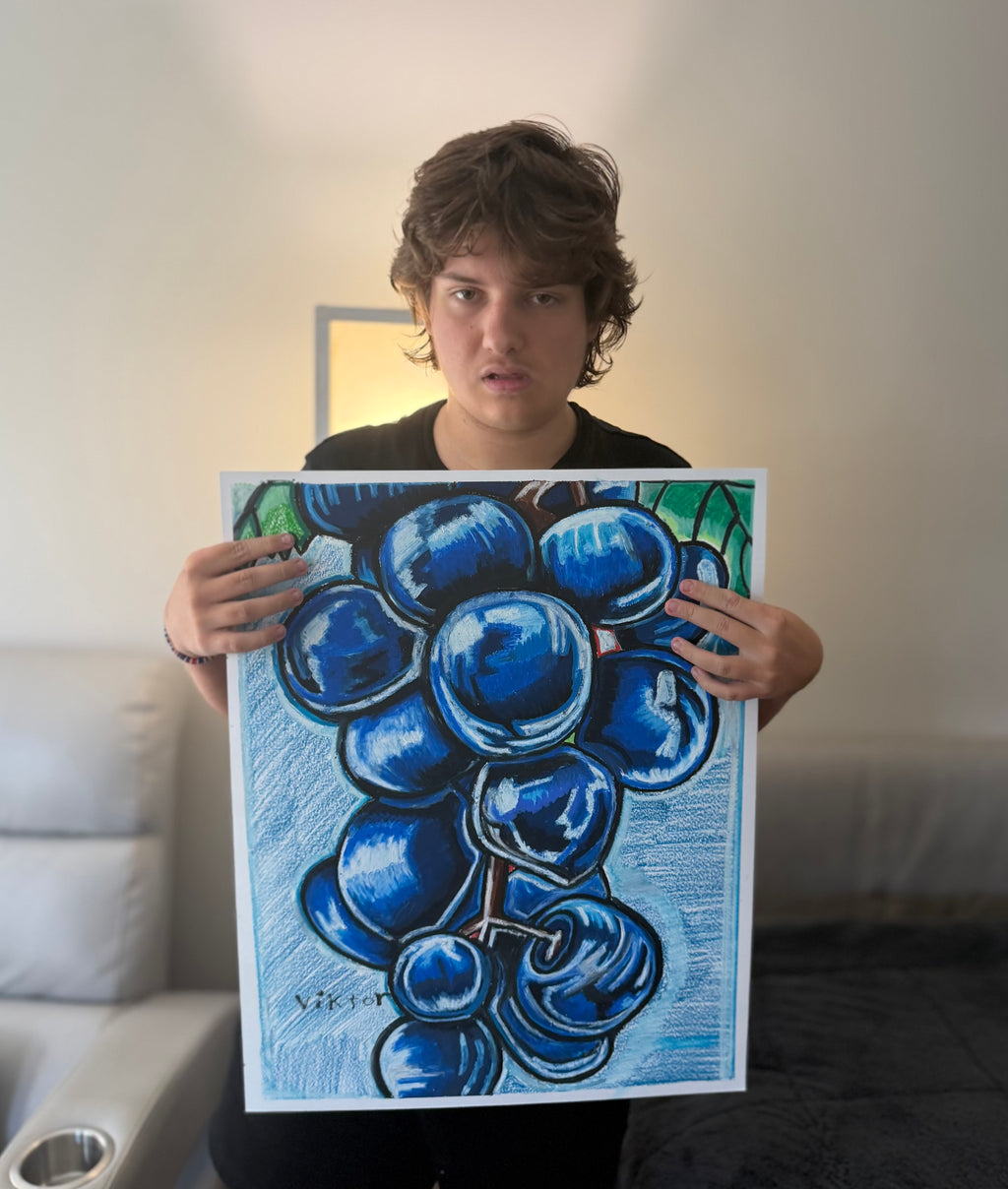 Blue Grapes in Abundance - ORIGINAL OIL PASTEL ARTWORK - 19x24" (video attached)
