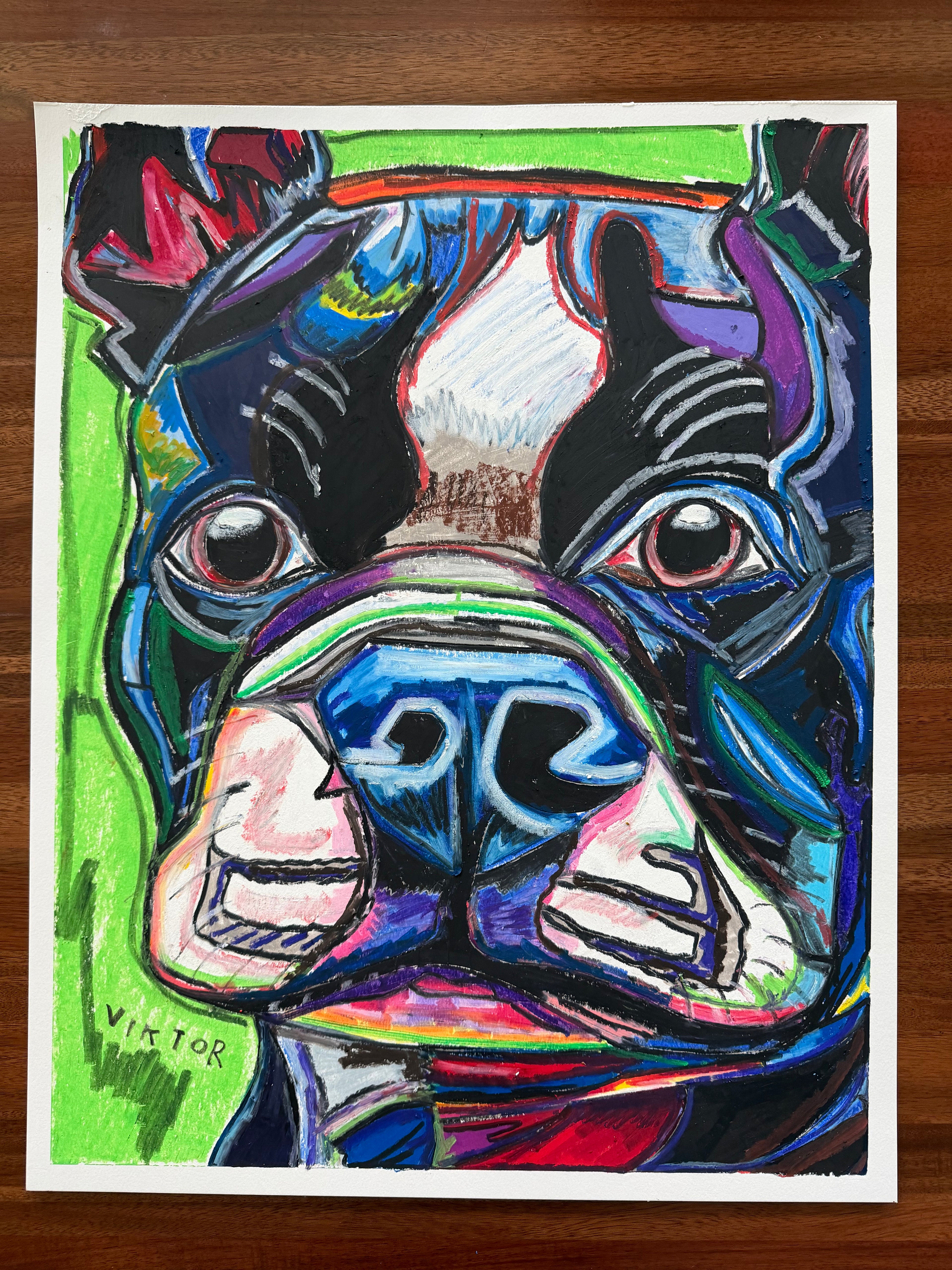 The Blue Frenchie - ORIGINAL OIL PASTEL ARTWORK - 19x24" (video attached)