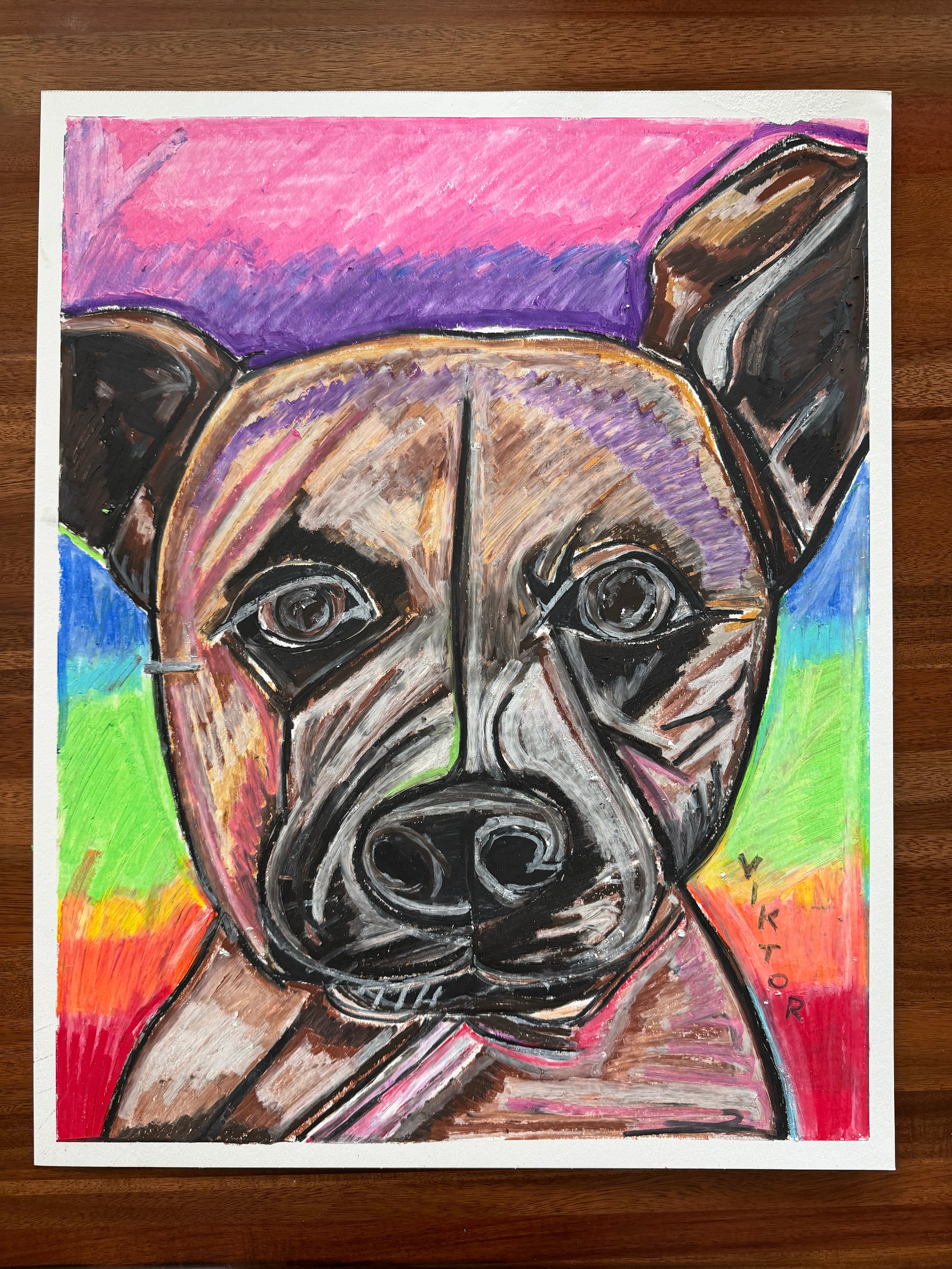 Dog with a Rainbow Background - ORIGINAL OIL PASTEL ARTWORK - 19x24"